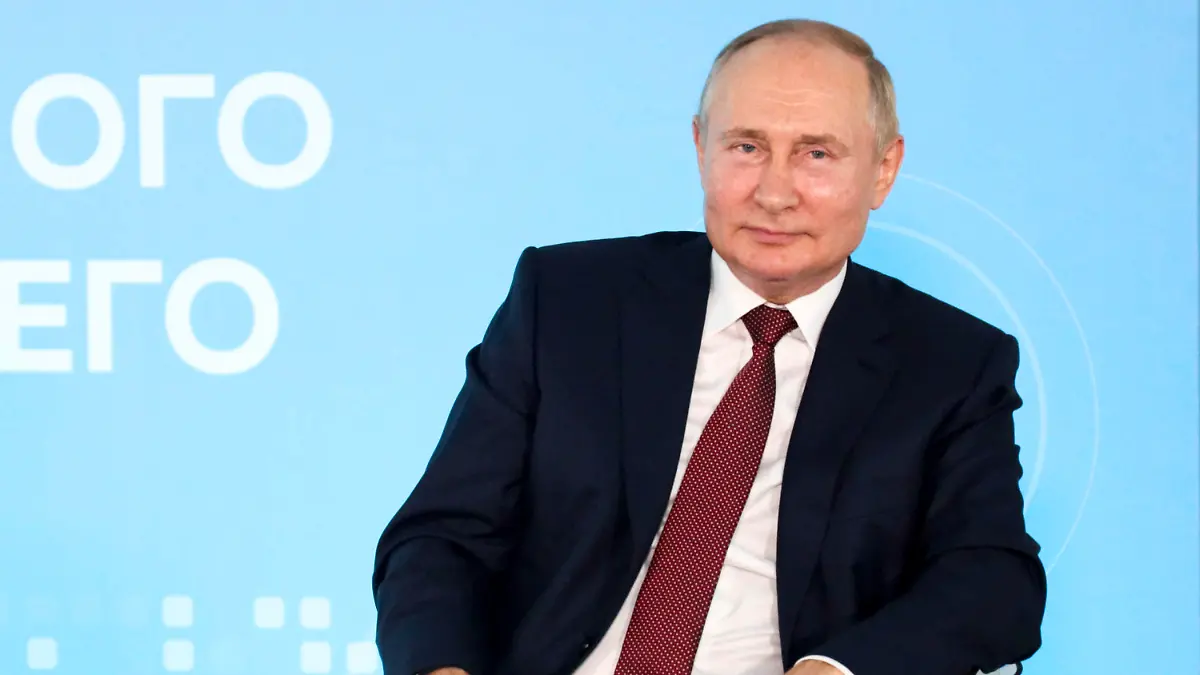 Russian President Vladimir Putin speaks during a meeting with schoolchildren on the opening of the school year known as the "Day of Knowledge" at the Ocean Children's Center in Vladivostok, Russia, Wednesday, Sept. 1, 2021. (Sergei Bobylev, Sputnik, Kremlin Pool Photo via AP)