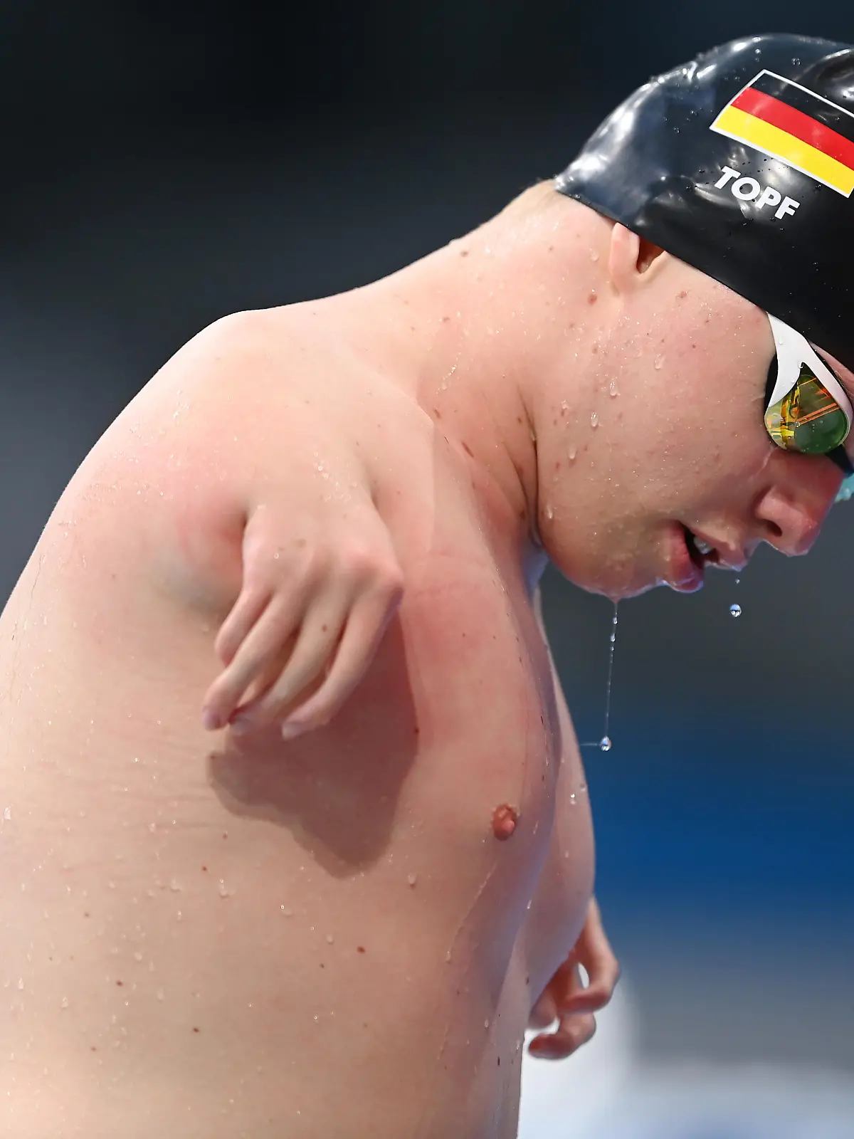 TOKYO, JAPAN - AUGUST 29: Josia Tim Alexander Topf of Team Germany leaves the pool after the Men's 50m Backstroke - S3 Final on day 5 of the Tokyo 2020 Paralympic Games at Tokyo Aquatics Centre on August 29, 2021 in Tokyo, Japan. (Photo by Alex Davidson/Getty Images)