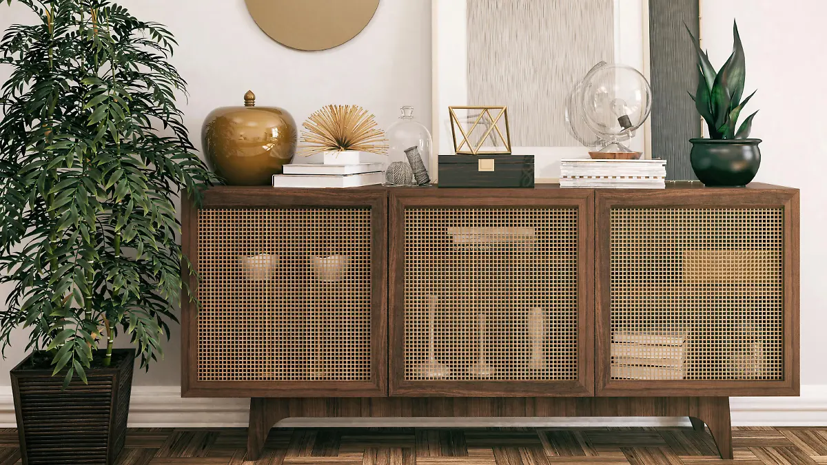Living room with wooden, retro Sideboard and decoration. Render image.