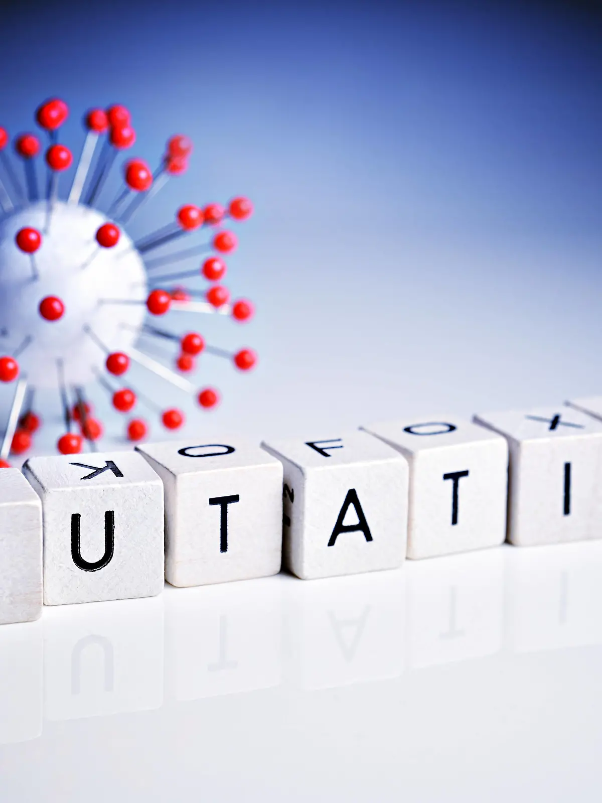  Buchstabenwürfel bilden das Wort Mutation neben einem Coronavirus-Modell *** Letter cubes form the word mutation next to a coronavirus model