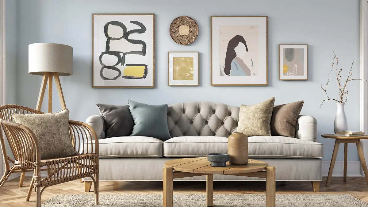 Bohemian living room interior 3d render with beige colored furniture and wooden elements and light blue colored wall