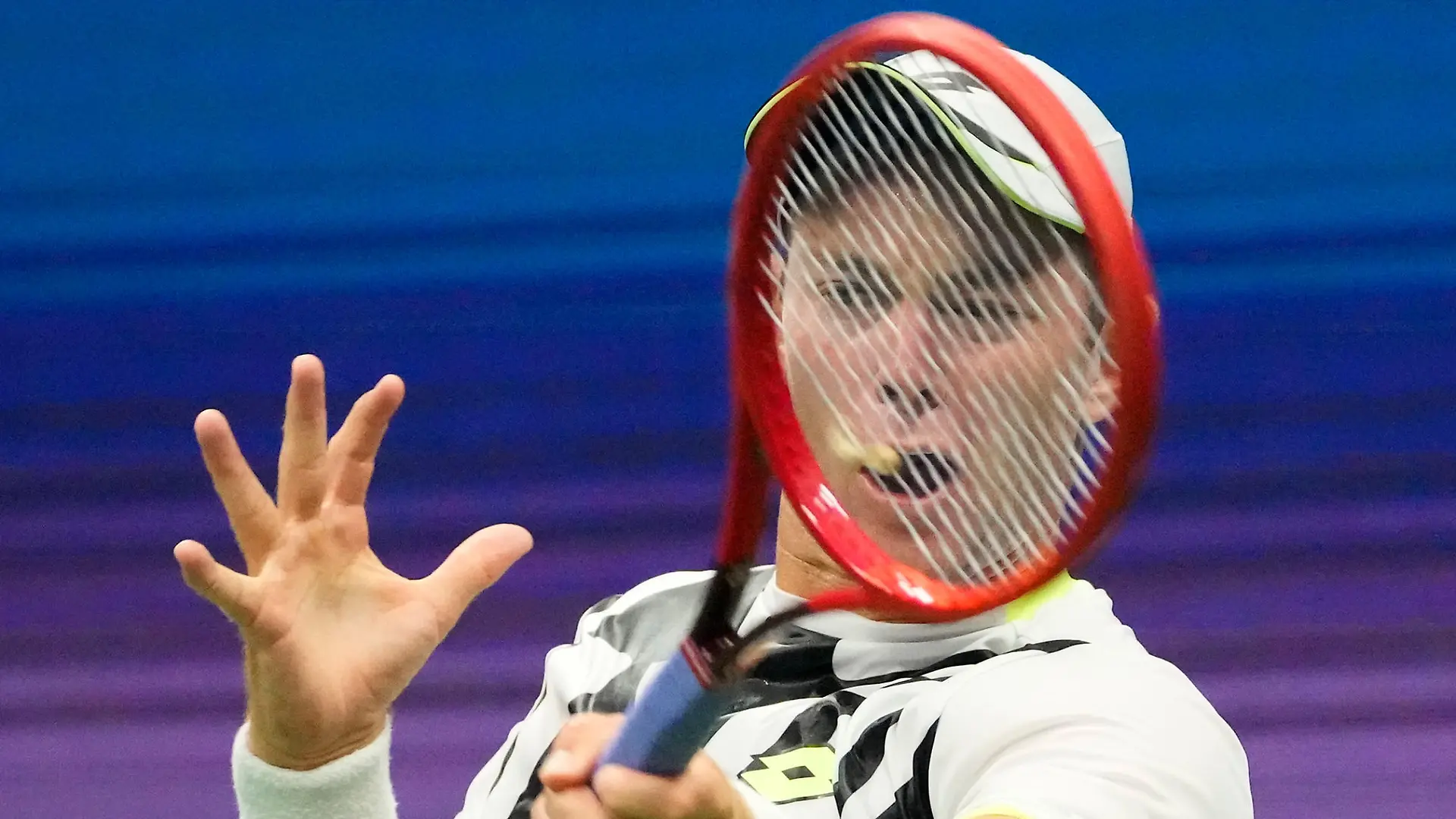 Sep 1, 2021; Flushing, NY, USA; Dominik Koepfer of Germany hits to Daniil Medvedev of Russia (not pictured) on day three of the 2021 U.S. Open tennis tournament at USTA Billie King National Tennis Center. Mandatory Credit: Robert Deutsch-USA TODAY Sports