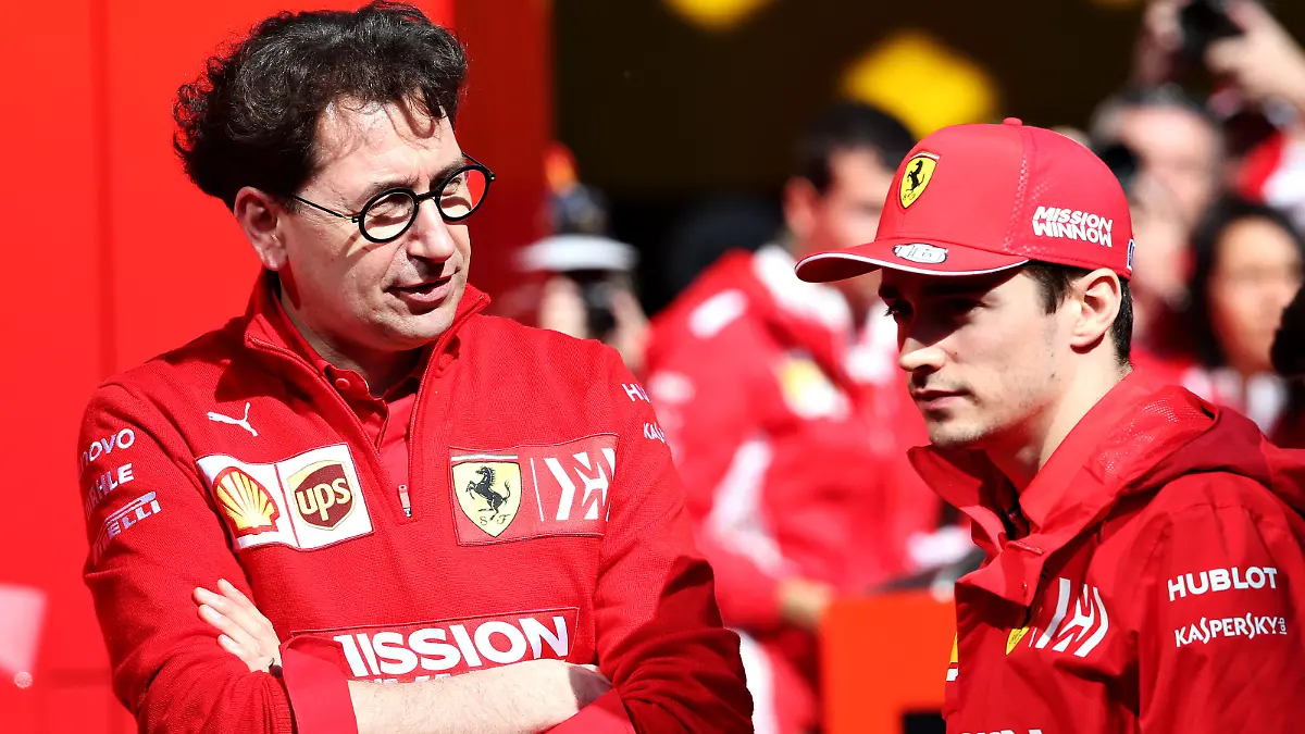 MONTMELO, SPAIN - MARCH 01: Ferrari Team Principal Mattia Binotto talks with Charles Leclerc of Monaco and Ferrari in the Paddock during day four of F1 Winter Testing at Circuit de Catalunya on March 01, 2019 in Montmelo, Spain. (Photo by Charles Coates/Getty Images)