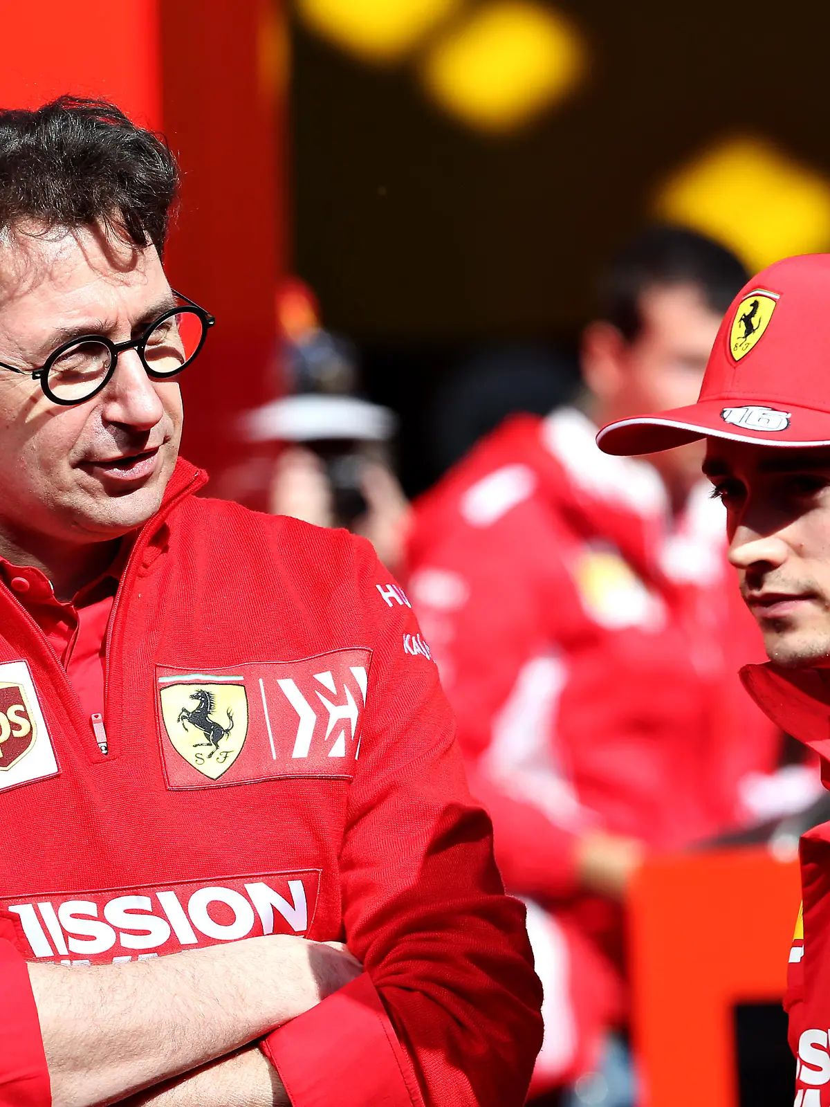 MONTMELO, SPAIN - MARCH 01: Ferrari Team Principal Mattia Binotto talks with Charles Leclerc of Monaco and Ferrari in the Paddock during day four of F1 Winter Testing at Circuit de Catalunya on March 01, 2019 in Montmelo, Spain. (Photo by Charles Coates/Getty Images)