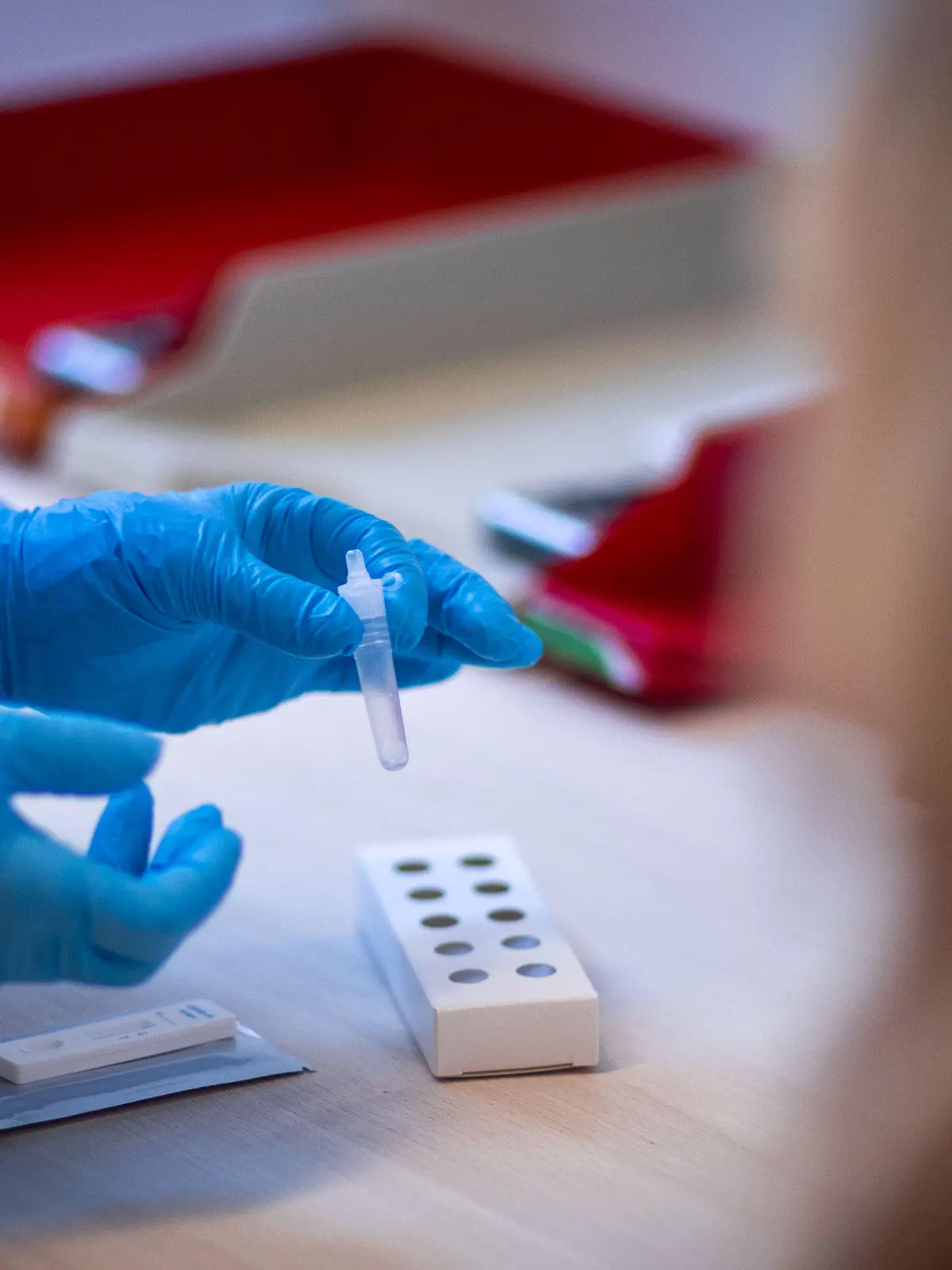 ARCHIV - 15.03.2021, Mecklenburg-Vorpommern, Ludwigslust: Ein Antigen-Test auf Covid-19 wird nach der Eröffnung des kommunalen Corona-Testzentrums des Landkreises Ludwigslust bearbeitet. Nach den Sommerferien nimmt nicht nur die Zahl der Corona-Tests in Mecklenburg-Vorpommern wieder zu. Auch die Quote der positiven Befunde geht deutlich nach oben. (Zu dpa: «Wieder deutlich mehr positive Befunde bei Corona-Tests in MV») Foto: Jens Büttner/dpa-Zentralbild/dpa +++ dpa-Bildfunk +++