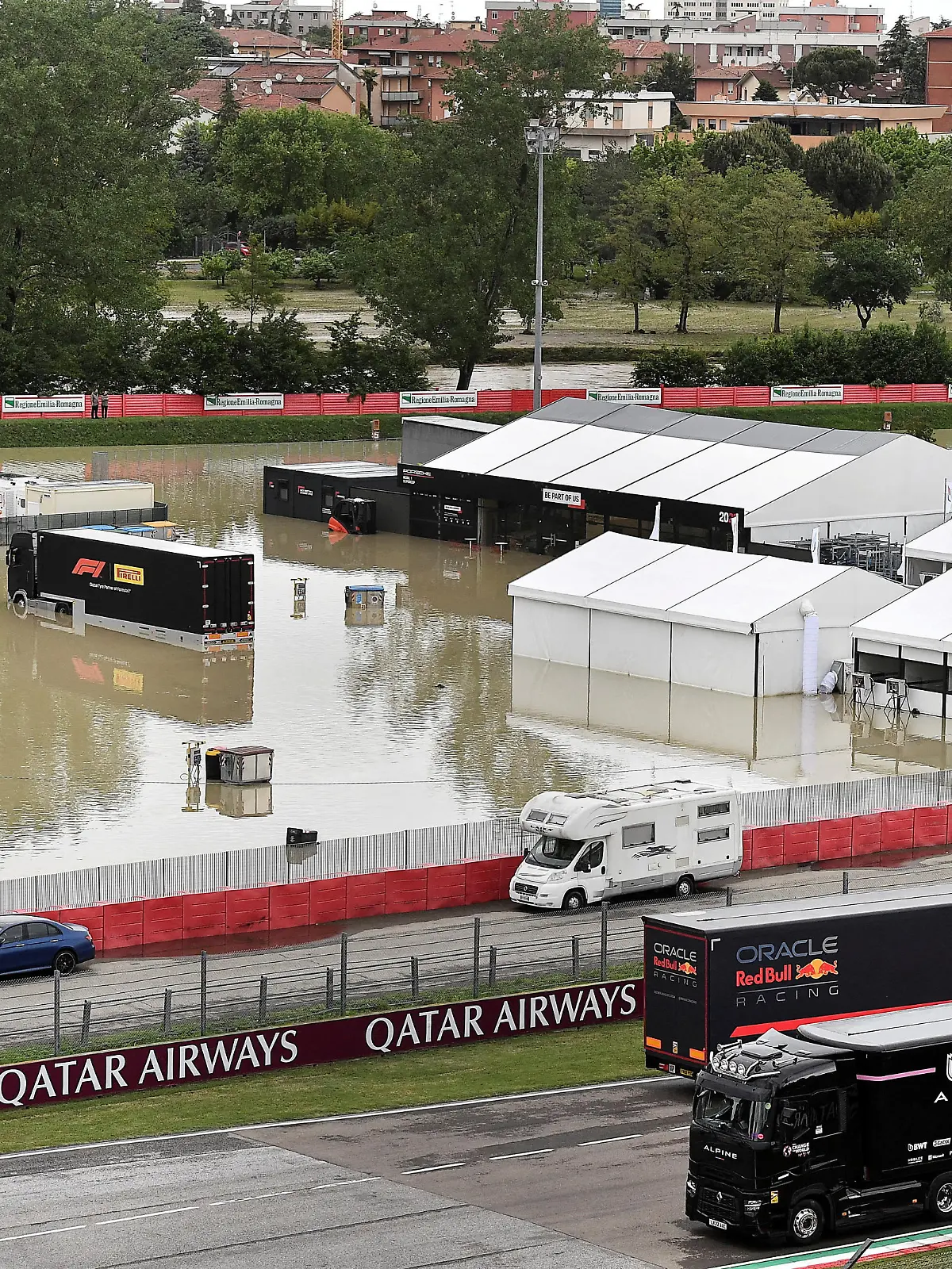 A general view of the flooded Motor racing-Imola paddock, as Santerno river levels rise due to heavy rain, ahead of the weekend's cancelled Emilia Romagna Grand Prix, in Imola, Italy, May 17, 2023. REUTERS/Jennifer Lorenzini     TPX IMAGES OF THE DAY