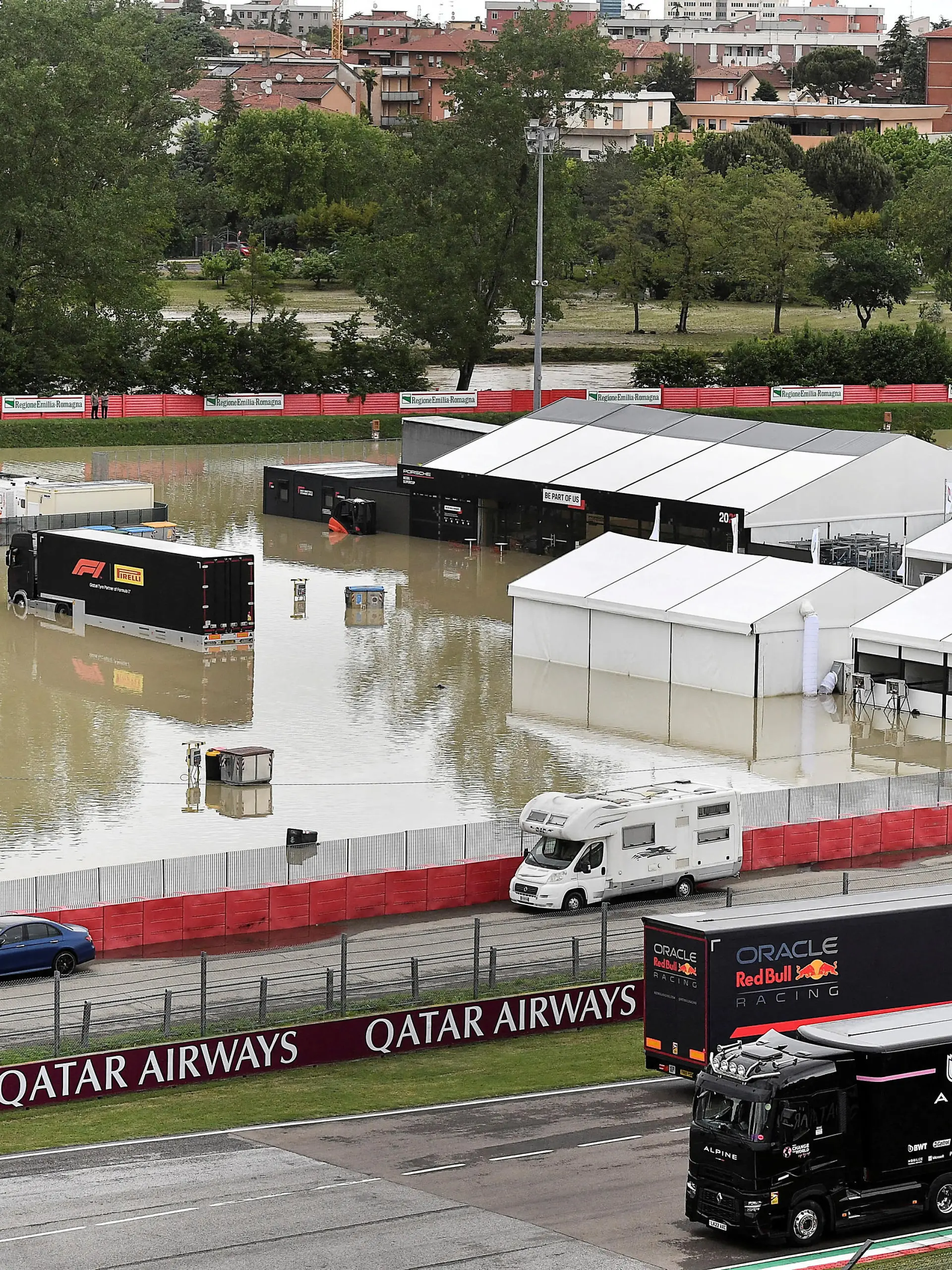 A general view of the flooded Motor racing-Imola paddock, as Santerno river levels rise due to heavy rain, ahead of the weekend's cancelled Emilia Romagna Grand Prix, in Imola, Italy, May 17, 2023. REUTERS/Jennifer Lorenzini     TPX IMAGES OF THE DAY