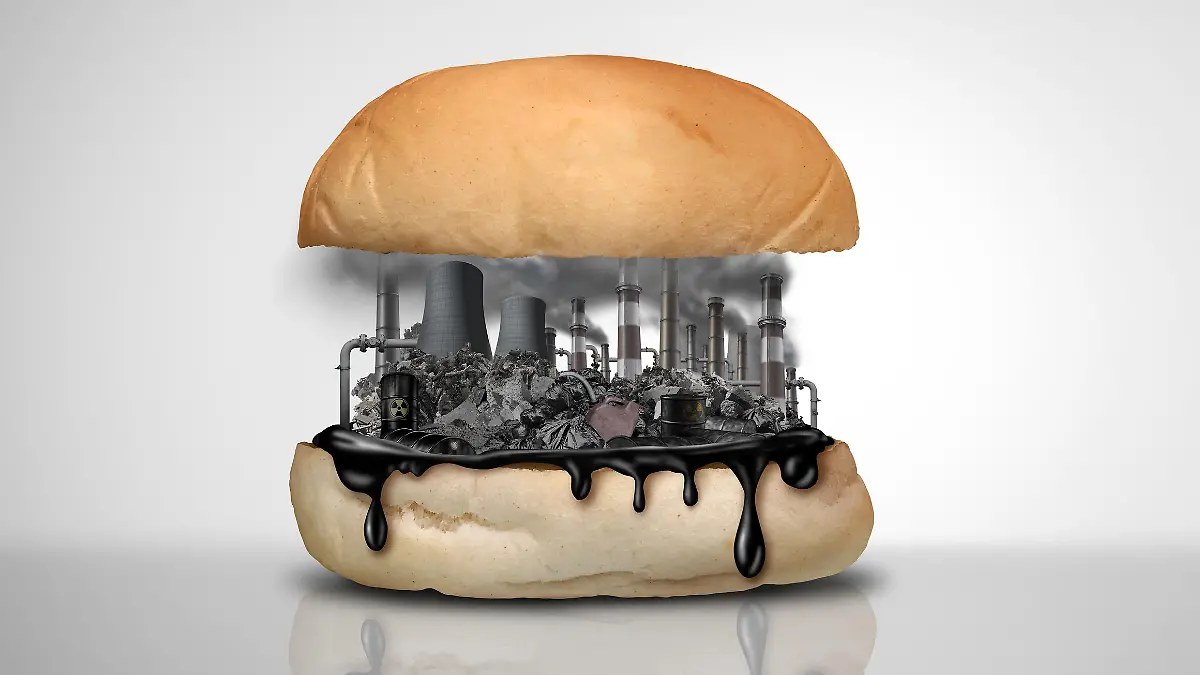 Environmental food toxins and pollution and nutrition or toxic pollutants contamination and eating a contaminated meal as a burger or hamburger containing industrial chemicals with 3D illustration elements.