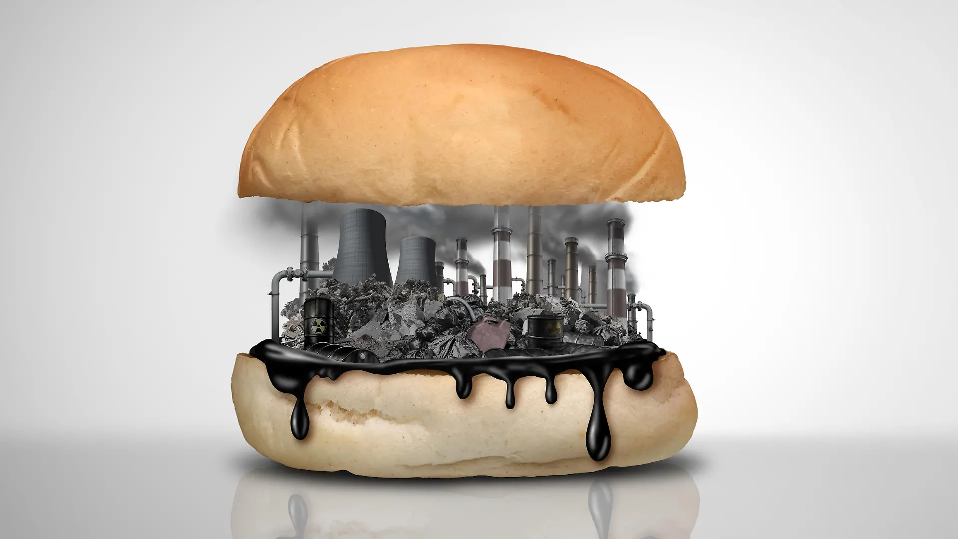 Environmental food toxins and pollution and nutrition or toxic pollutants contamination and eating a contaminated meal as a burger or hamburger containing industrial chemicals with 3D illustration elements.