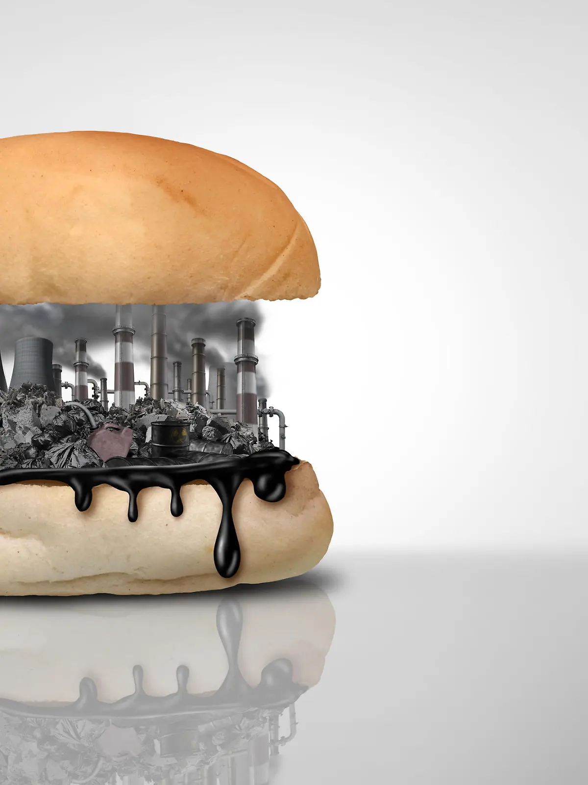 Environmental food toxins and pollution and nutrition or toxic pollutants contamination and eating a contaminated meal as a burger or hamburger containing industrial chemicals with 3D illustration elements.
