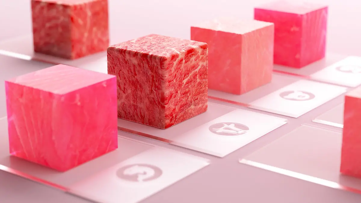 HANDOUT - 25.08.2021, ---: Die von Merck zur Verfügung gestellte Illustration zeigt verschiedene Arten von im Labor hergestelltem Fleisch. (zu dpa «Burger aus der Petrischale - Unternehmen treiben Laborfleisch voran») Foto: Merck/dpa - ACHTUNG: Nur zur redaktionellen Verwendung im Zusammenhang mit der aktuellen Berichterstattung und nur mit vollständiger Nennung des vorstehenden Credits +++ dpa-Bildfunk +++