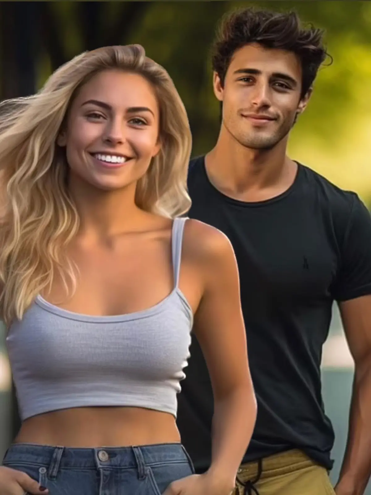 Links steht eine blonde Frau, rechts ein dunkelhaariger junger Mann.