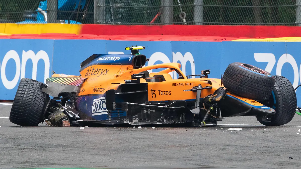 McLaren s British driver Lando Norris made a crash in his car in the Raidillon at the qualifications for tomorrow Spa-Francorchamps Formula One Grand Prix of Belgium race, in Spa-Francorchamps, Saturday 28 August 2021. BENOITxDOPPAGNE PUBLICATIONxINxGERxSUIxAUTxONLY x3075636x