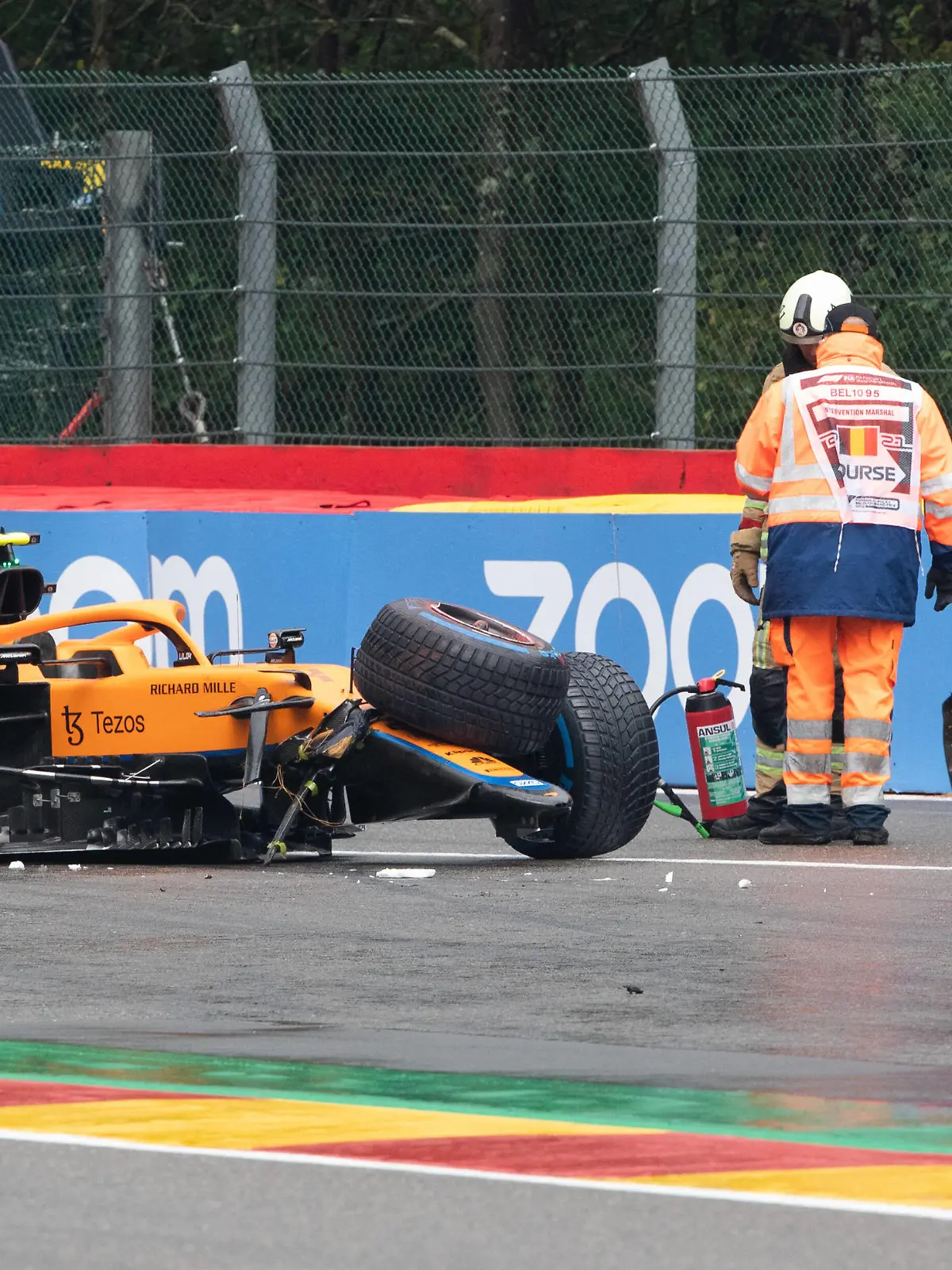  McLaren s British driver Lando Norris made a crash in his car in the Raidillon at the qualifications for tomorrow Spa-Francorchamps Formula One Grand Prix of Belgium race, in Spa-Francorchamps, Saturday 28 August 2021. BENOITxDOPPAGNE PUBLICATIONxINxGERxSUIxAUTxONLY x3075636x