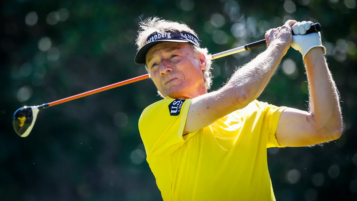 Germany's Bernhard Langer hits from the second tee box during the Shaw Charity Classic golf event in Calgary, Alberta, Friday, Aug. 13, 2021. (Jeff McIntosh/The Canadian Press via AP)