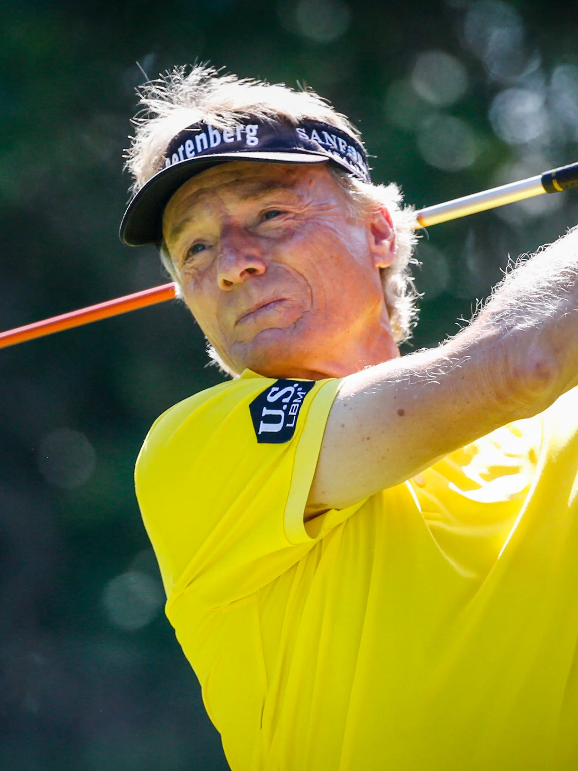Germany's Bernhard Langer hits from the second tee box during the Shaw Charity Classic golf event in Calgary, Alberta, Friday, Aug. 13, 2021. (Jeff McIntosh/The Canadian Press via AP)
