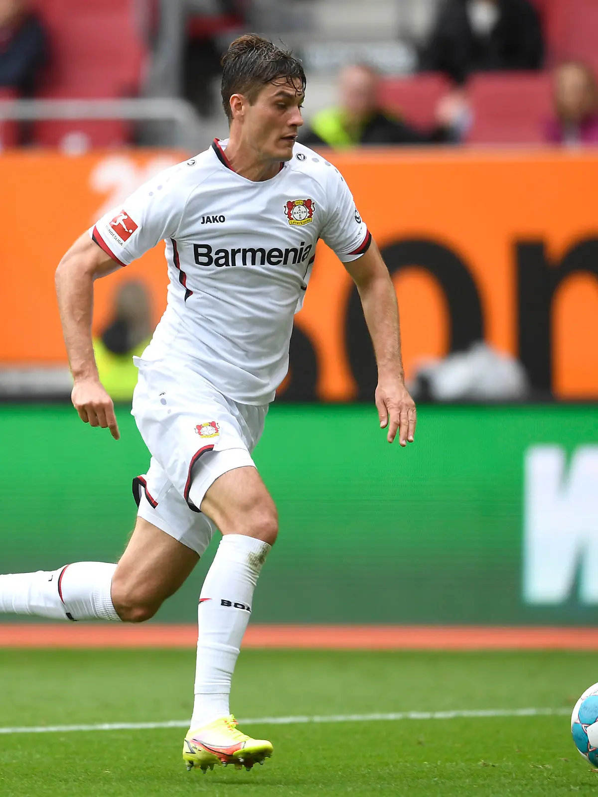 AUGSBURG, GERMANY - AUGUST 28: Patrik Schick of Bayer 04 Leverkusen runs with the ball during the Bundesliga match between FC Augsburg and Bayer 04 Leverkusen at WWK-Arena on August 28, 2021 in Augsburg, Germany. (Photo by Andreas Schaad/Getty Images)