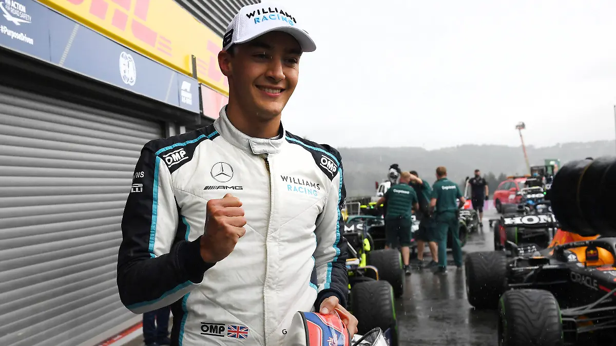Second place Williams driver George Russell of Britain jubilates after qualification ahead of the Formula One Grand Prix at the Spa-Francorchamps racetrack in Spa, Belgium, Saturday, Aug. 28, 2021. The Belgian Formula One Grand Prix will take place on Sunday. (John Thys, Pool Photo via AP)