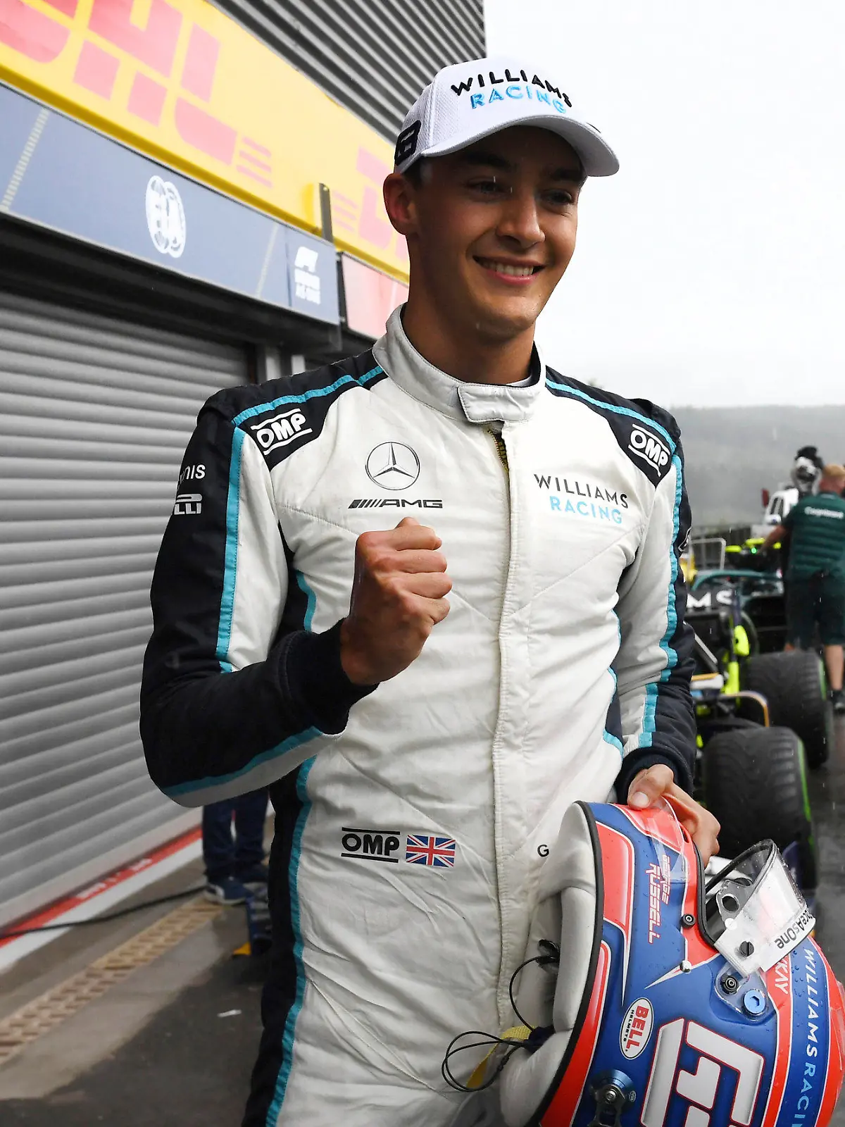 Second place Williams driver George Russell of Britain jubilates after qualification ahead of the Formula One Grand Prix at the Spa-Francorchamps racetrack in Spa, Belgium, Saturday, Aug. 28, 2021. The Belgian Formula One Grand Prix will take place on Sunday. (John Thys, Pool Photo via AP)