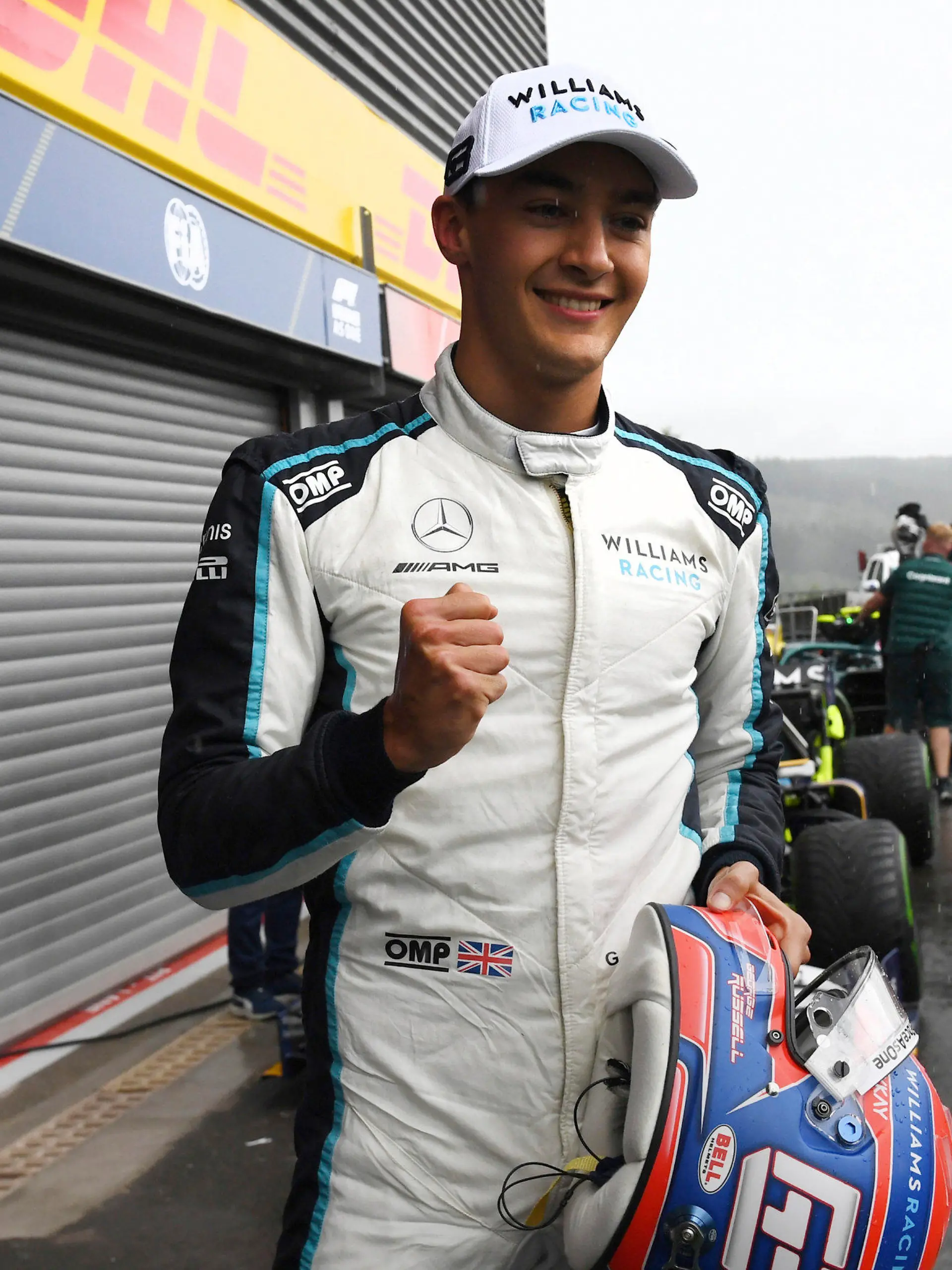 Second place Williams driver George Russell of Britain jubilates after qualification ahead of the Formula One Grand Prix at the Spa-Francorchamps racetrack in Spa, Belgium, Saturday, Aug. 28, 2021. The Belgian Formula One Grand Prix will take place on Sunday. (John Thys, Pool Photo via AP)