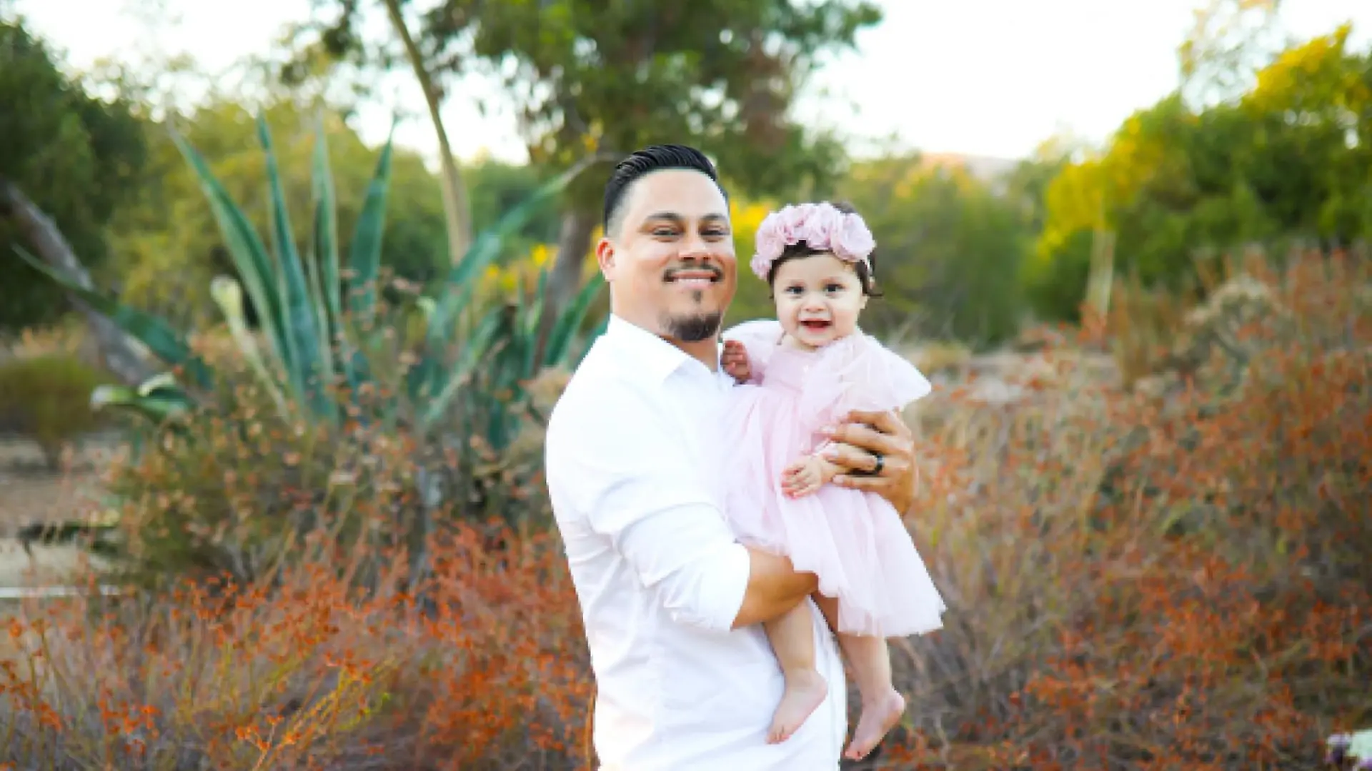 PIC FROM Kennedy News/xv_photography (PICTURED: JAMES ALVAREZ, 37, WITH DAUGHTER ADALYN ROSE ALVAREZ-AGUILAR, ONE, RECREATING THE PREGNANCY PHOTOSHOOT) These poignant photos show the moment a widowed dad and his 'miracle baby' recreated his wife's pregnancy photoshoot - one year after she was fatally hit by a car. James Alvarez, from Los Angeles, California, was out walking with eight-months-pregnant Yesenia Aguilar on August 11 last year when a car mounted the curb and killed her, forcing doctors to carry out an emergency C-section. The dad returned to the location of then-23-year-old Yesenia's pregnancy photos earlier this month [AUGUST 7] and emotionally reenacted them with their daughter Adalyn Rose Alvarez-Aguilar, posing just as her mum did. DISCLAIMER: While Kennedy News and Media uses its best endeavours to establish the copyright and authenticity of all pictures supplied, it accepts no liability for any damage, loss or legal action caused by the use of images supplied and the publication of images is solely at your discretion. SEE KENNEDY NEWS COPY - 0161 697 4266