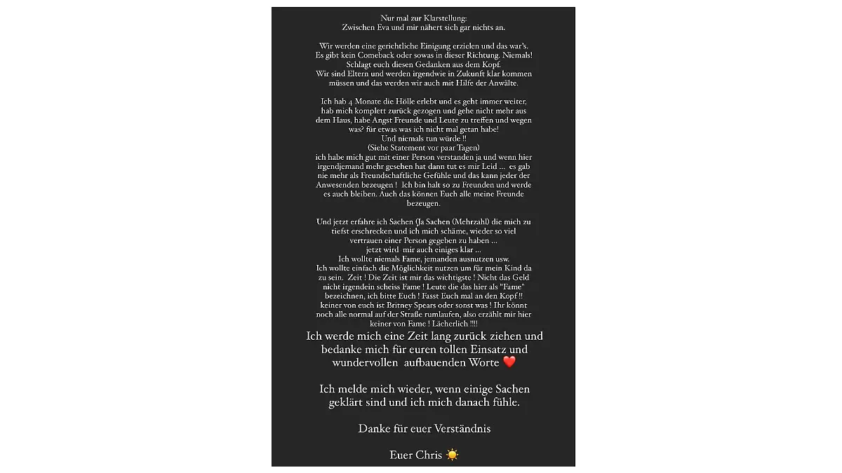 Chris Broy mit seinem Statement auf Instagram