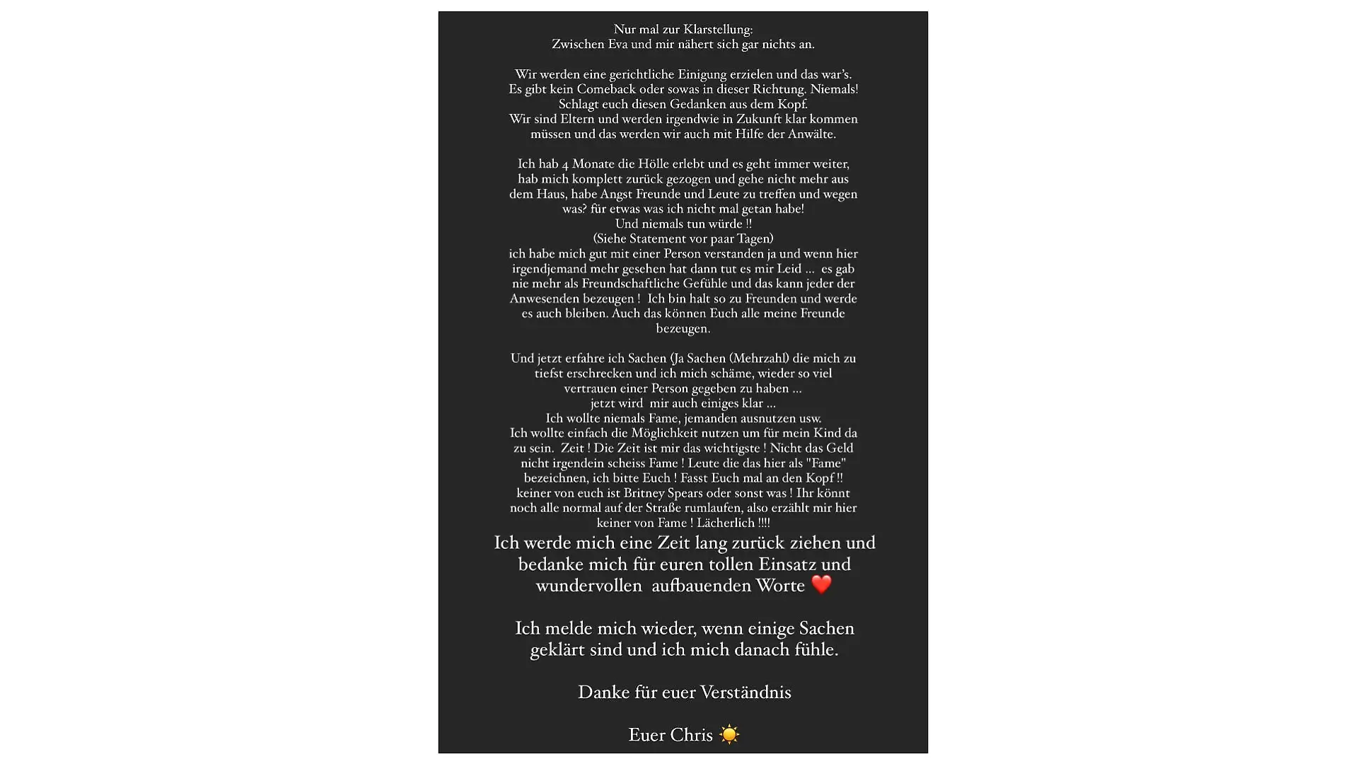 Chris Broy mit seinem Statement auf Instagram