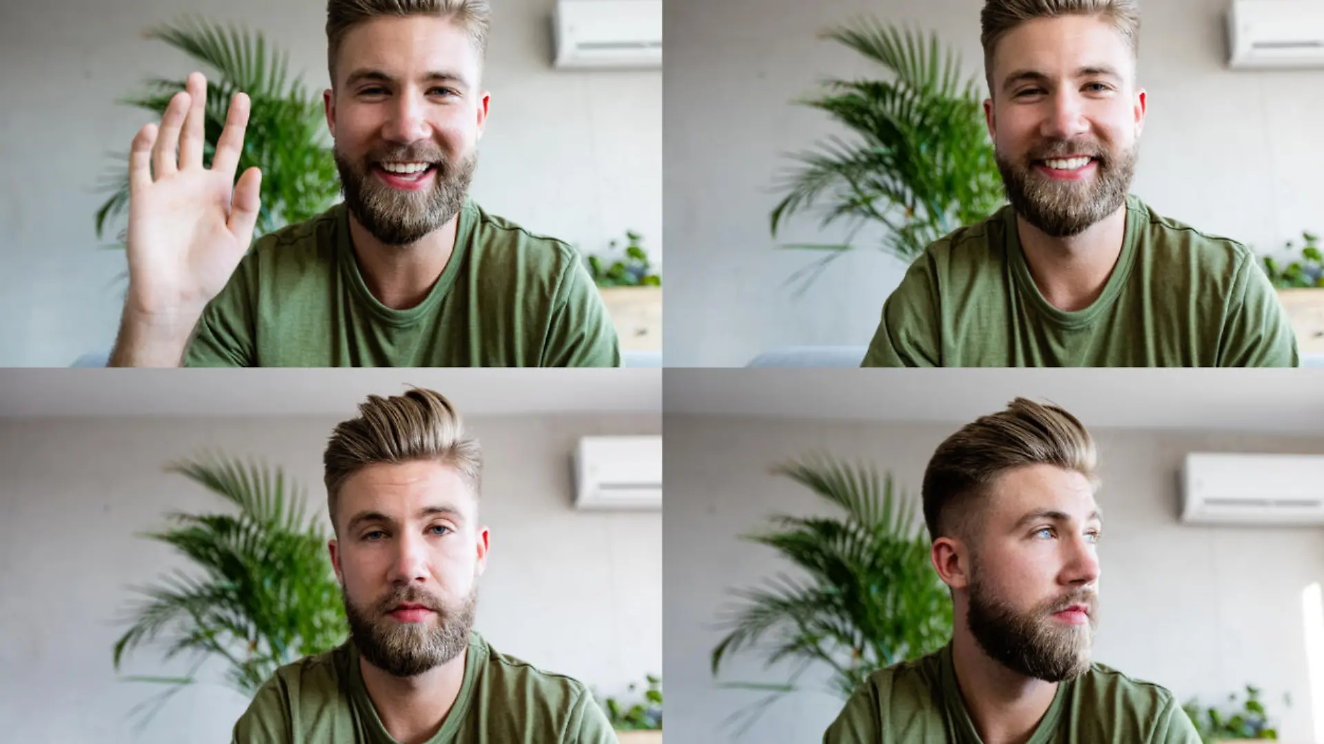Four faces of young man having video conference, using laptop. Composite images.