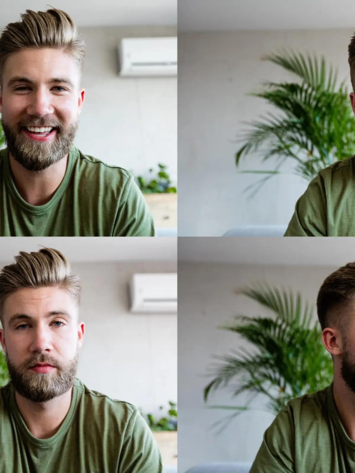 Four faces of young man having video conference, using laptop. Composite images.