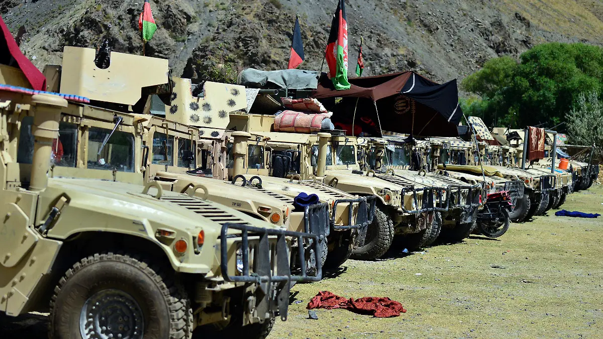 Armored of a militia loyal to Ahmad Massoud, son of the late Ahmad Shah Massoud, line up, in Panjshir province, northeastern Afghanistan, Thursday, Aug. 26, 2021. The Panjshir Valley is the last region not under Taliban control following their stunning blitz across Afghanistan. Local fighters held off the Soviets in the 1980s and the Taliban a decade later under the leadership of Ahmad Shah Massoud, a guerrilla fighter who attained near-mythic status before he was killed in a suicide bombing. (AP Photo/Jalaluddin Sekandar)