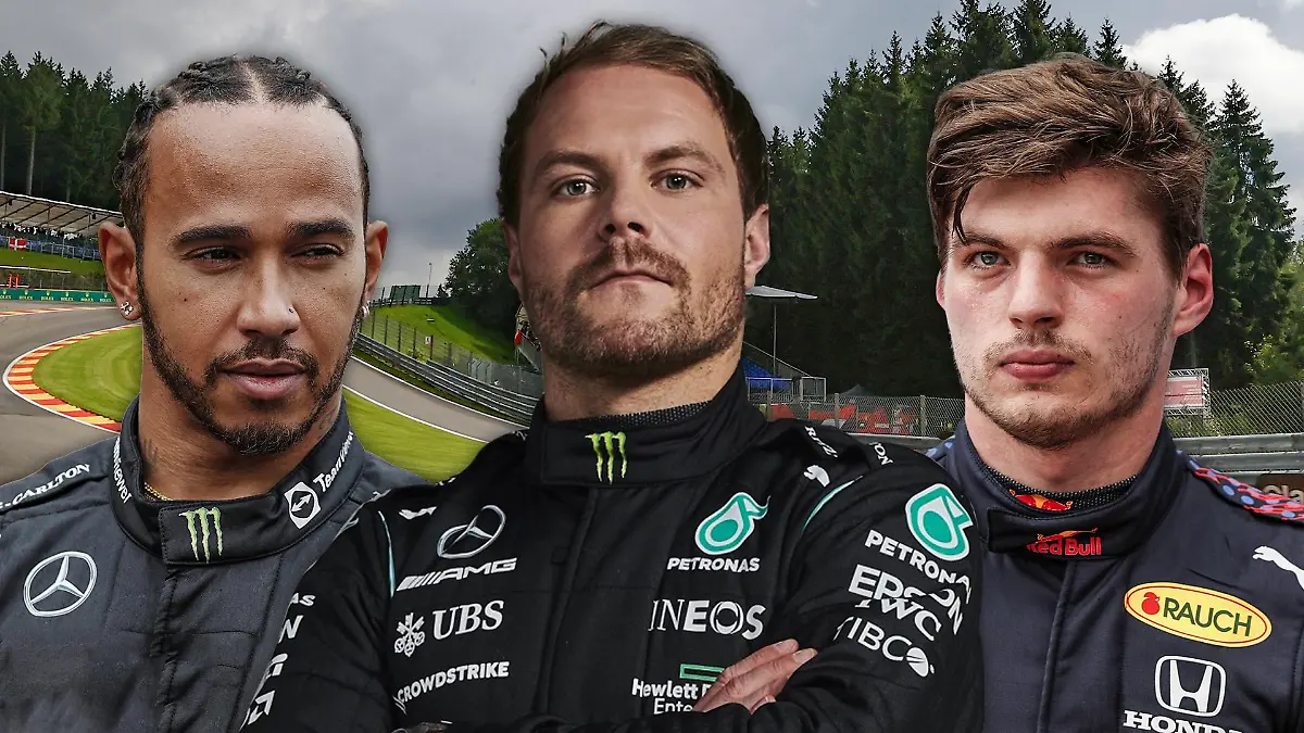 Bildkombination: Lewis Hamilton, Valtteri Bottas und Max Verstappen (v.r.n.l.) vor der Eau-Rouge-Kurve auf dem Circuit Spa-Francorchamps