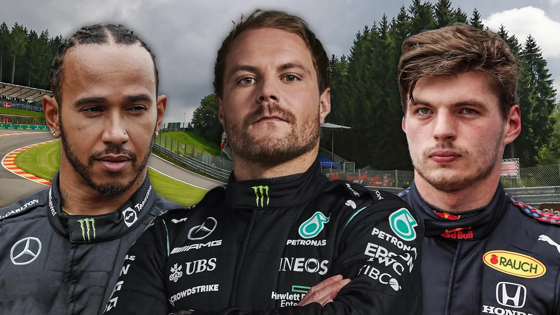 Bildkombination: Lewis Hamilton, Valtteri Bottas und Max Verstappen (v.r.n.l.) vor der Eau-Rouge-Kurve auf dem Circuit Spa-Francorchamps