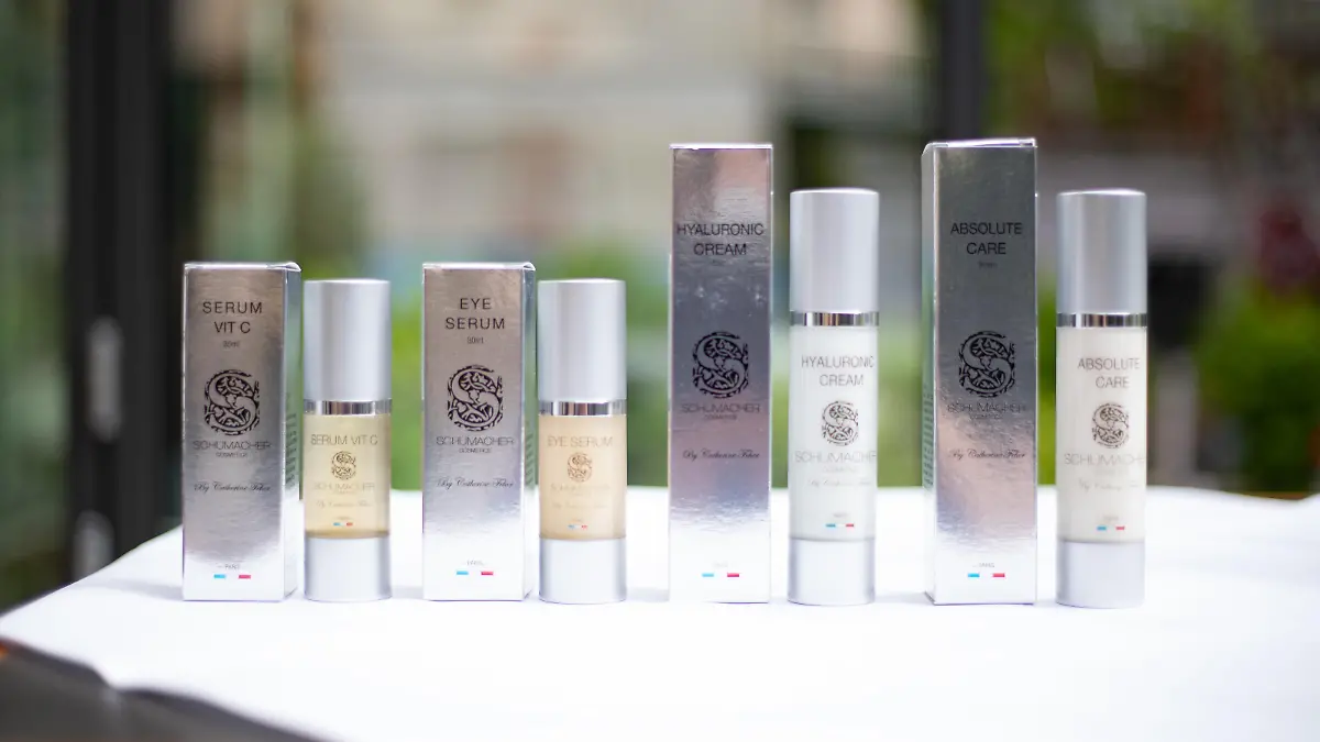 Pordukte bei der Weltpremiere der Unisex-Hautpflege-Serie Schumacher Cosmetics von Ralf Schumacher am 15.5.2023 in München. -- Products at the world premiere of the skin care series Schumacher Cosmetics on May 15, 2023 in Munich, Germany.