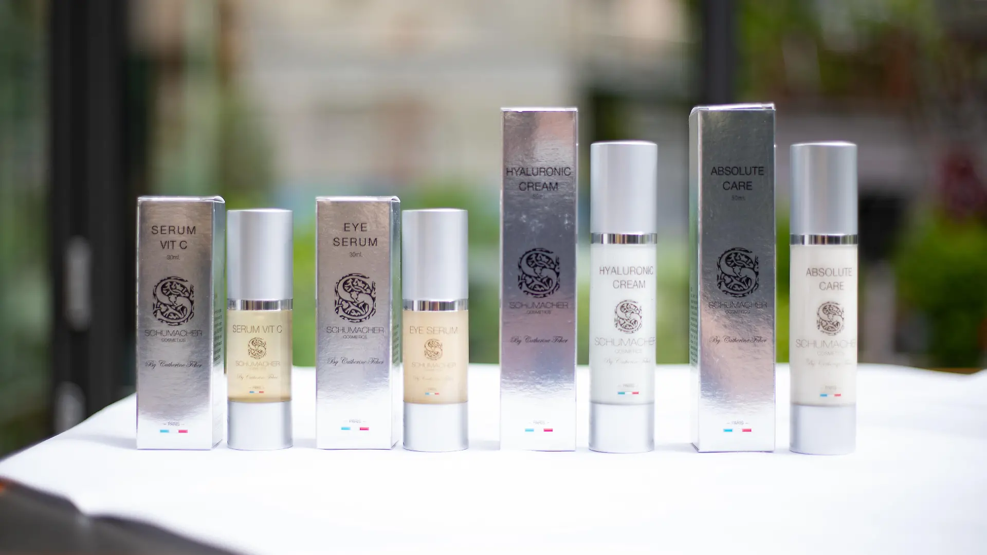 Pordukte bei der Weltpremiere der Unisex-Hautpflege-Serie Schumacher Cosmetics von Ralf Schumacher am 15.5.2023 in München. -- Products at the world premiere of the skin care series Schumacher Cosmetics on May 15, 2023 in Munich, Germany.