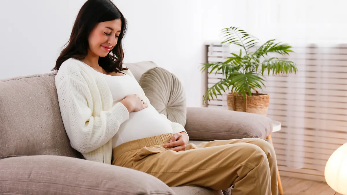 Young beautiful pregnant woman on second trimester of pregnancy sitting on the couch of doctor's office waiting for checkup. Regular prenatal care visit concept. Background, copy space, close up