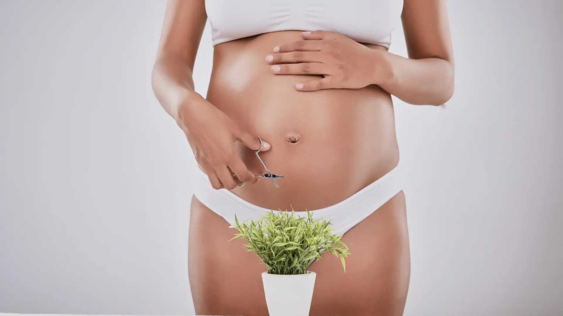 Cropped studio shot of a pregnant woman trimming a plant with scissors against a gray background