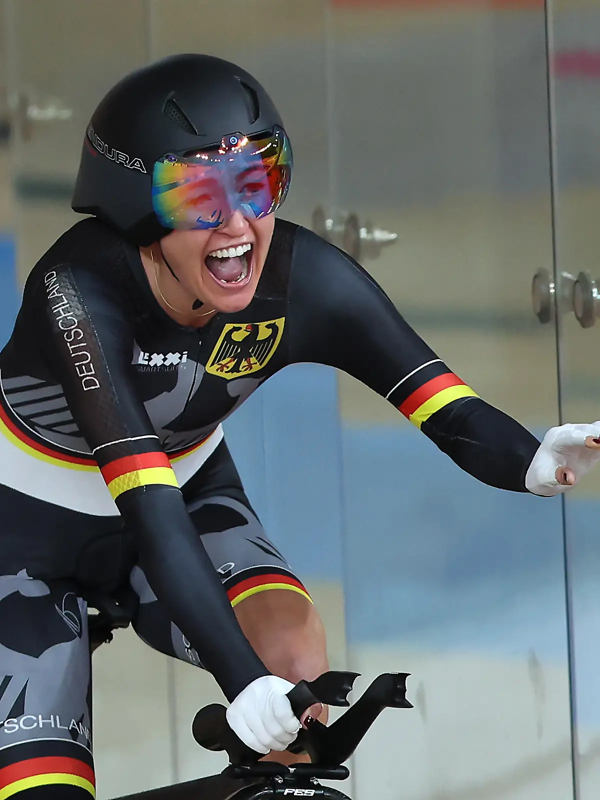 IZU, JAPAN - AUGUST 25: Denise Schindler of Team Germany  celebrates after winning Bronze medal on the Bronze medal race of Track Cycling Women’s C1-3 3000m Individual Pursuit on day 1 of the Tokyo 2020 Paralympic Games at Izu Velodrome on August 25, 2021 in Izu, Japan. (Photo by Kiyoshi Ota/Getty Images)
