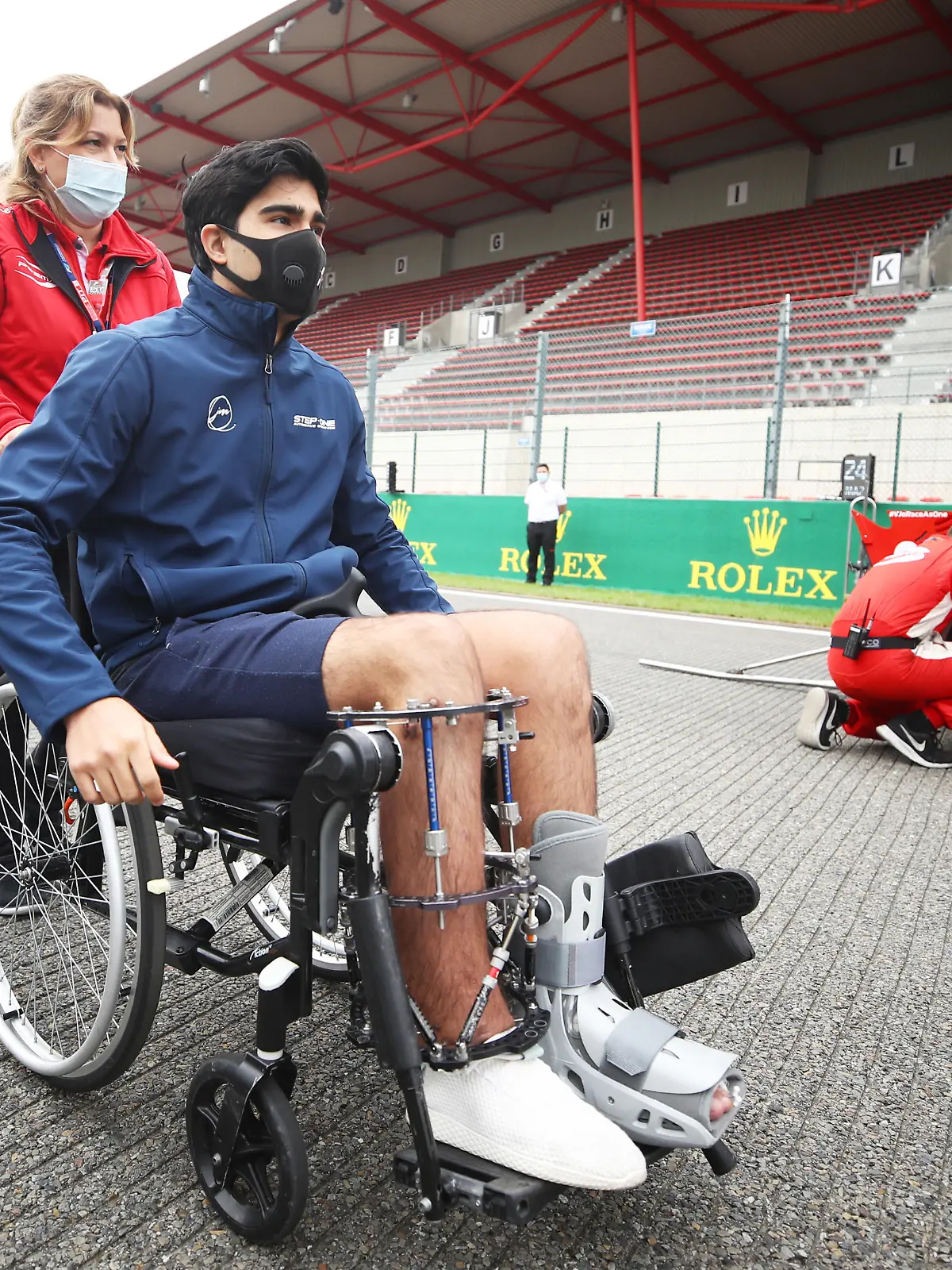 SPA, BELGIUM - AUGUST 30: Juan Manuel Correa is pushed on the grid before the sprint race of the Formula 2 Championship at Circuit de Spa-Francorchamps on August 30, 2020 in Spa, Belgium. (Photo by Bryn Lennon/Getty Images)
