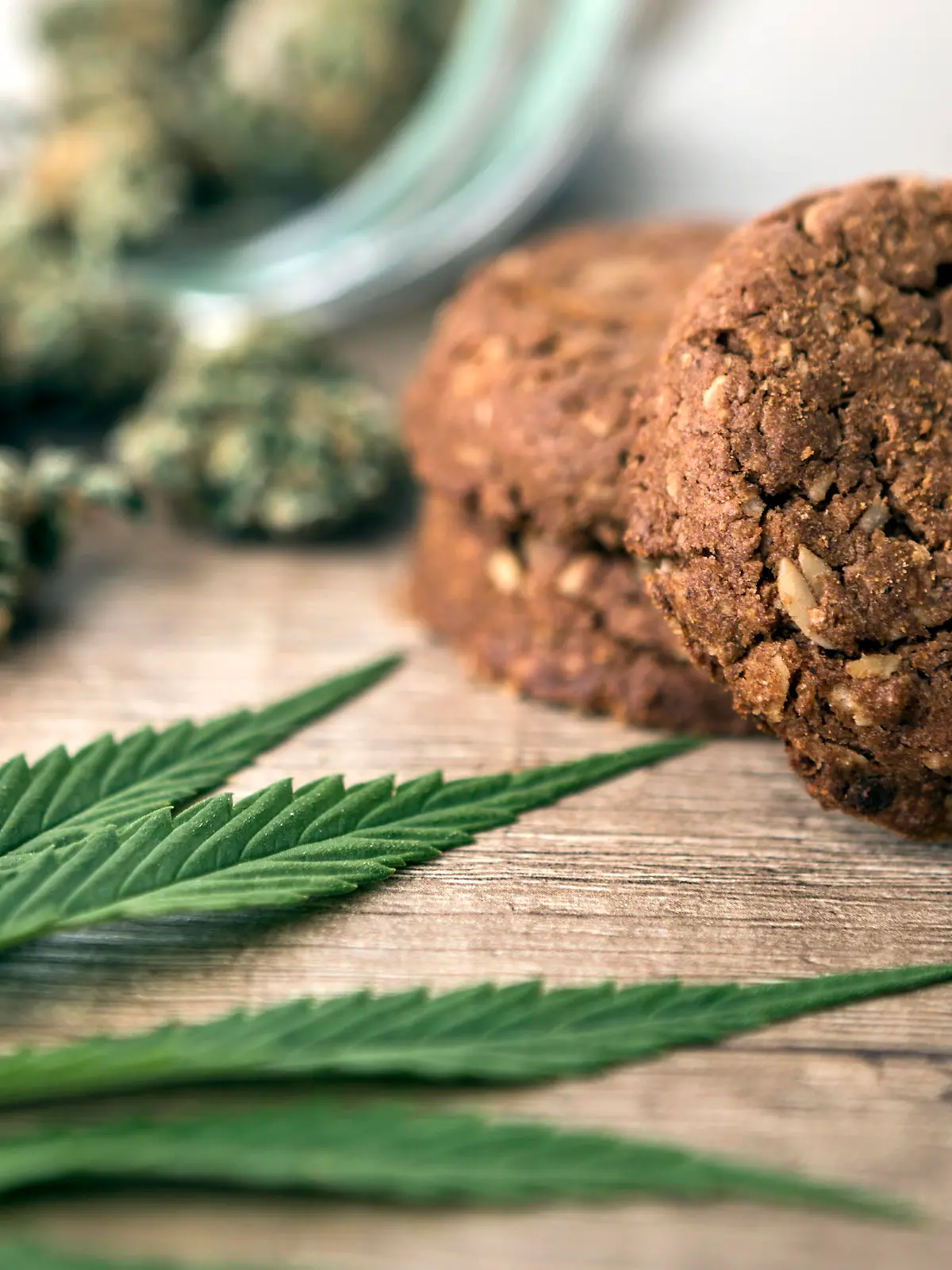 Marijuana Cookie on wooden table with cannabis buds in background