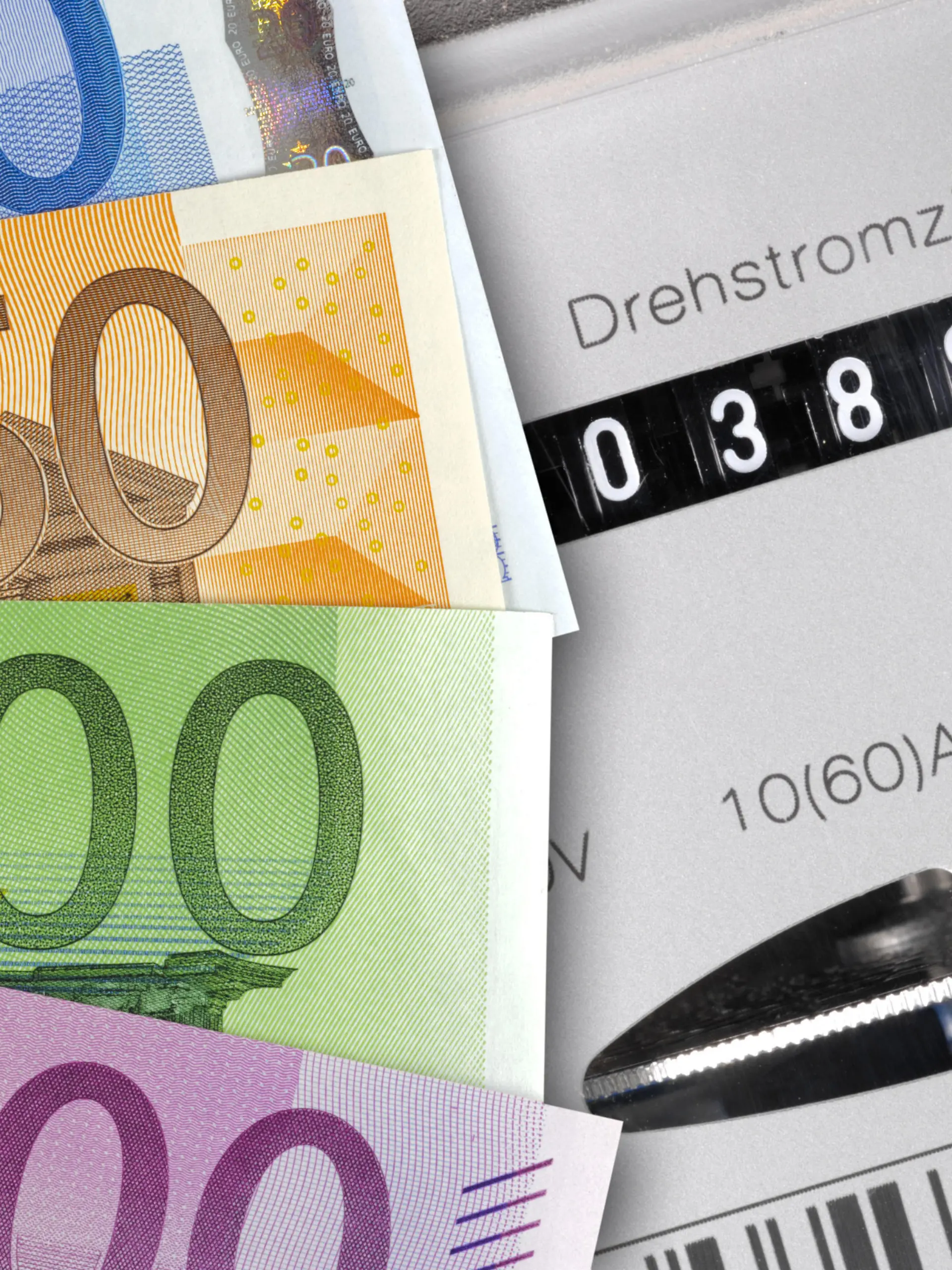 electricity meter with euro banknotes