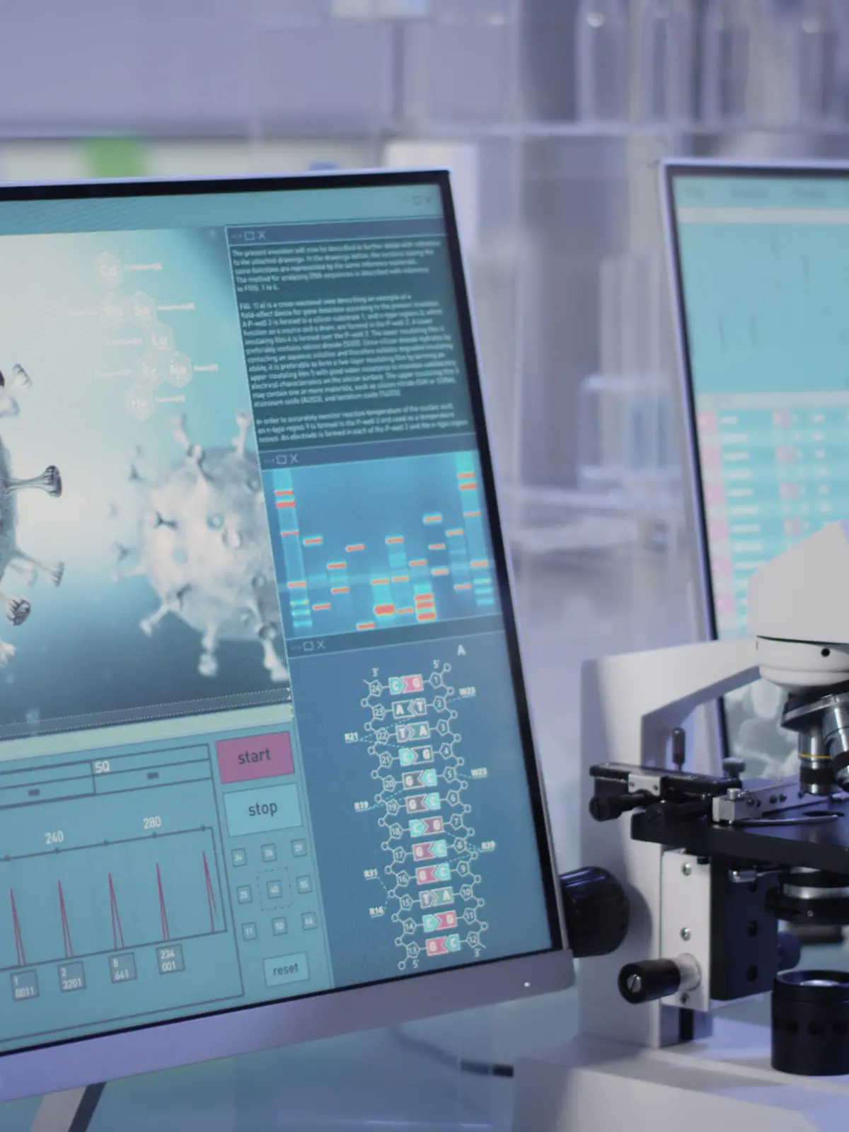 Modern laboratory interior. Coronavirus research. Word Covid-19 on the screen