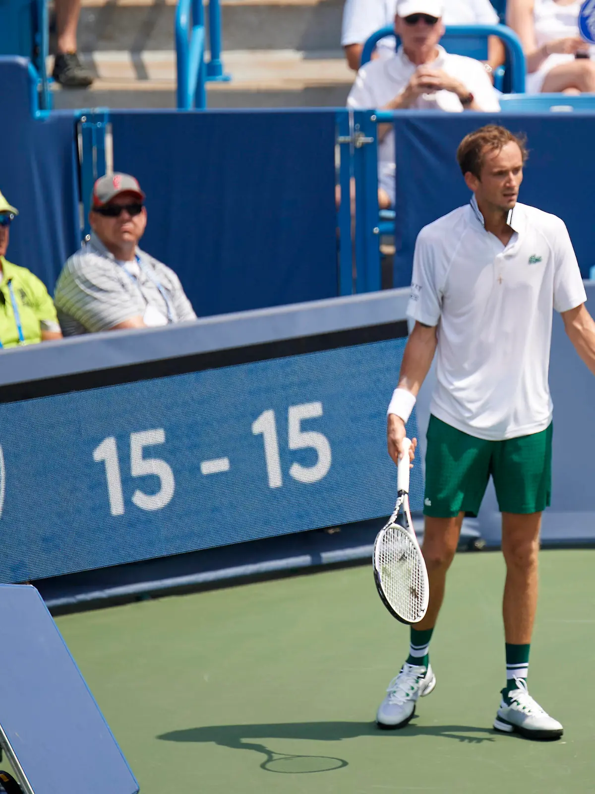 CINCINNATI, OH - AUGUST 21: Daniil Medvedev of Russia looks at the chair umpire after he has an accidental run-in with an on-court camera during the semifinal match on day 7 of the Western & Southern Open at the Lindner Family Tennis Center in Mason, Ohio on August 21, 2021. Photo by Shelley Lipton/Icon Sportswire TENNIS: AUG 21 Western & Southern Open Icon210821413 
