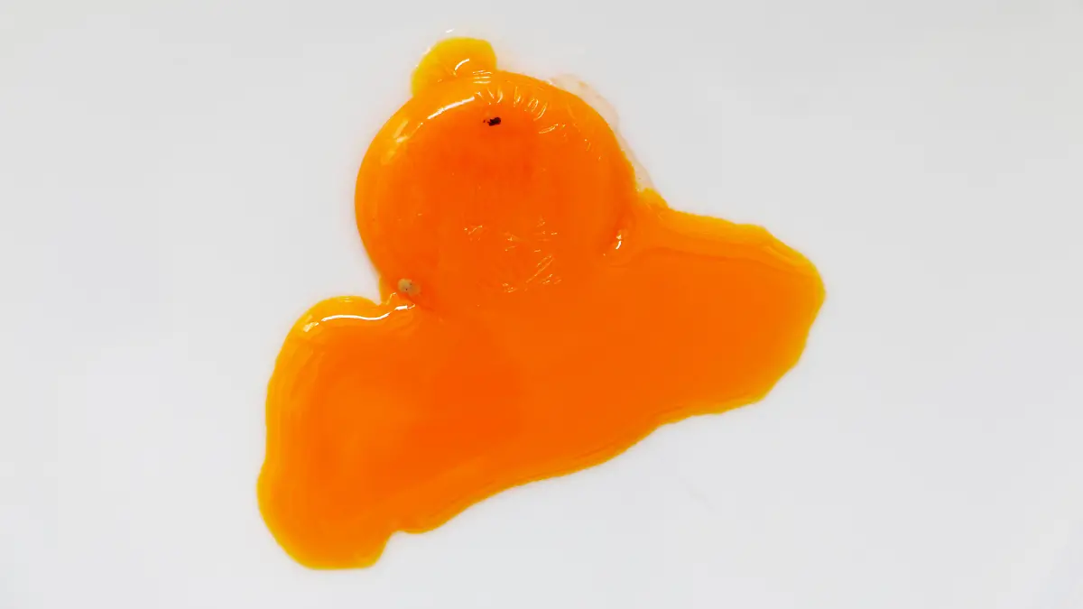 Raw Egg yolk with blood bursting on white background