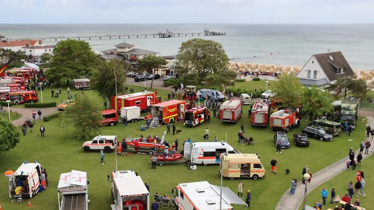 Besucherinnen und Besuchern des Tag der Feuerwehrs besichtigen eine Reihe von Feuerwehrautos, die auf einer Wiese abgestellt sind.