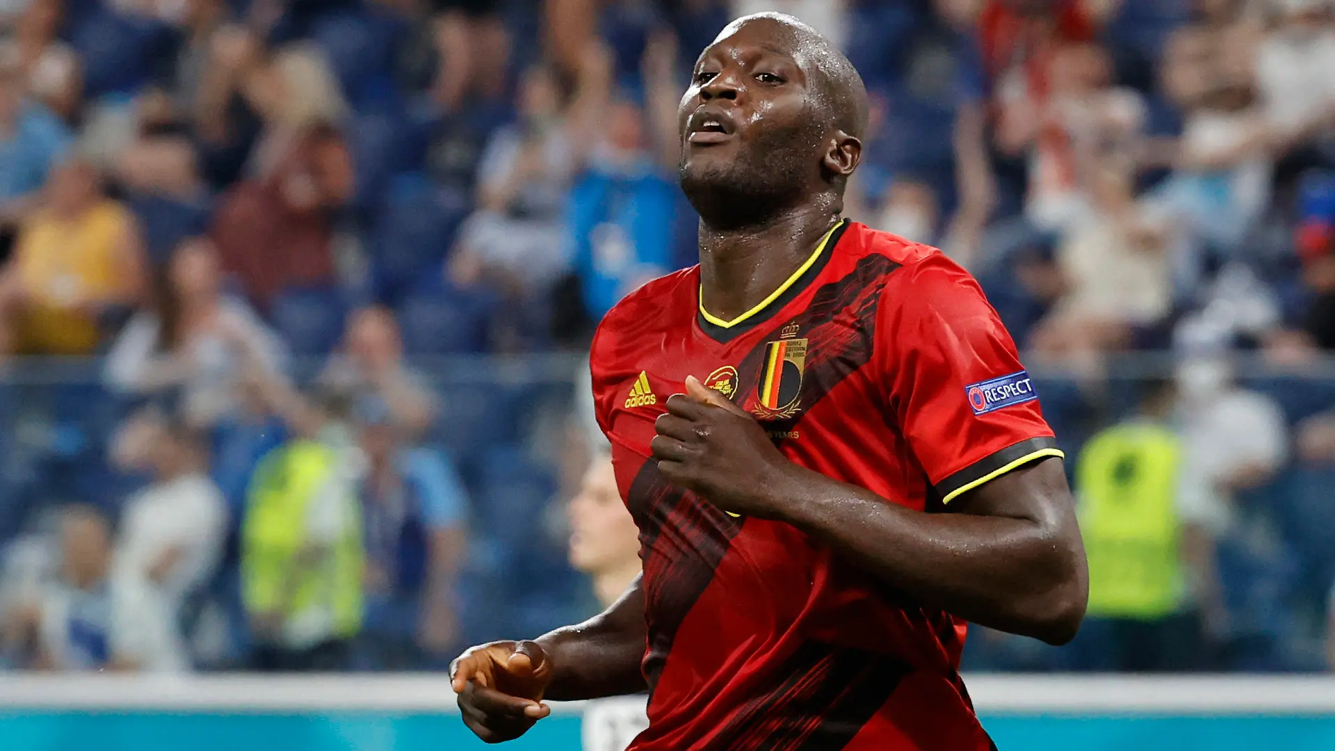 FILE - In this Monday, June 21, 2021 file photo, Belgium's Romelu Lukaku celebrates scoring a goal during theoir Euro 2020 soccer championship match against Finland at Saint Petersburg Stadium in St. Petersburg, Russia. Lukaku won’t need much time to readjust to the Premier League. Less than a week after becoming Chelsea’s most expensive player the 28-year-old Belgium striker pronounced himself ready to play Sunday, Aug. 22 against Arsenal. (Anatoly Maltsev/Pool Photo via AP, file)