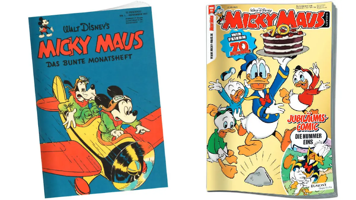 Erstausgabe und neueste Jubiläumsausgabe des Micky Maus Magazins