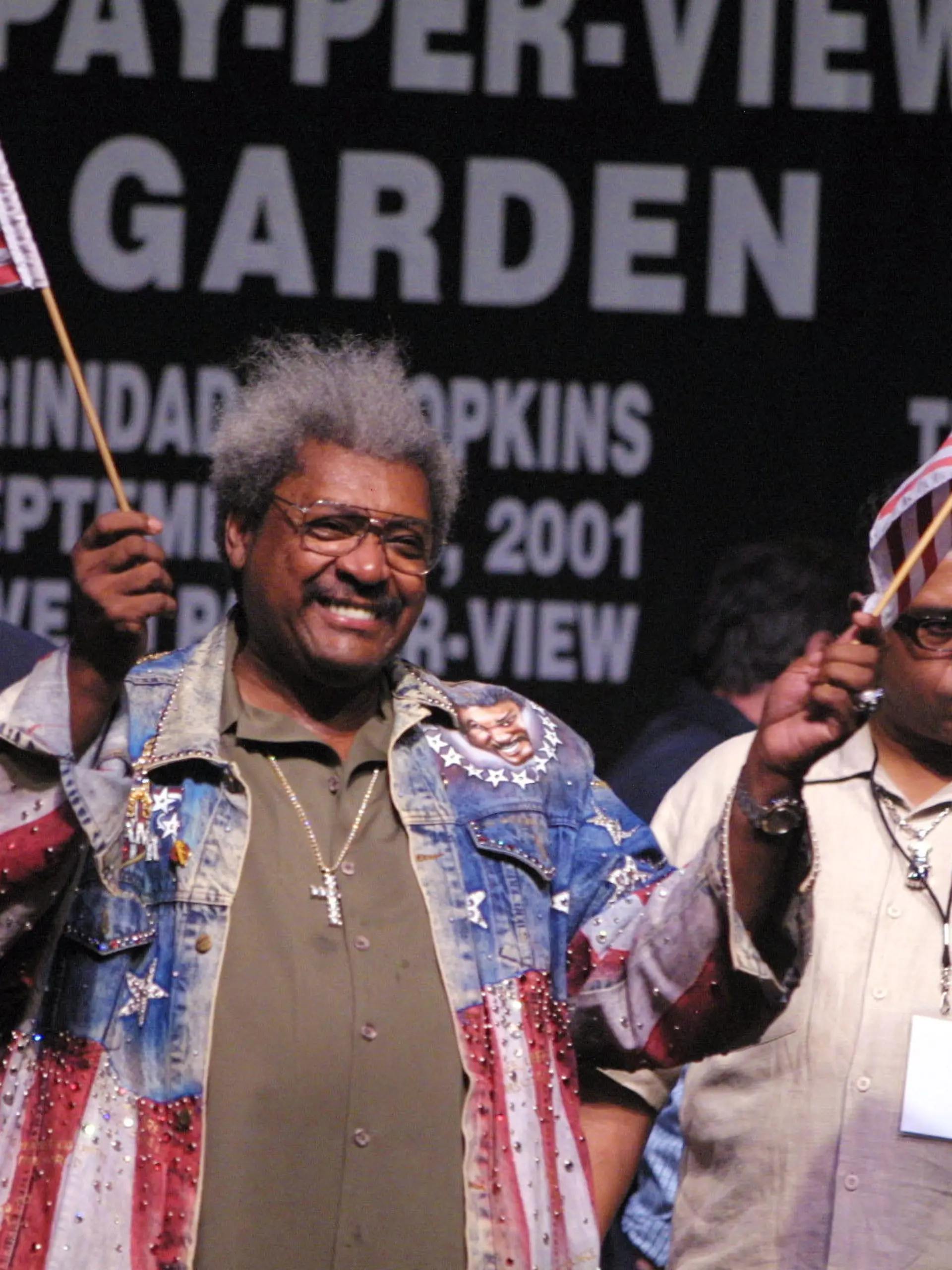 28 Sep 2001:  Don King holds up American flags at the Bernard Hopkins vs Felix Trinidad weigh in for the middleweight unification fight  at Madison Square Garden in New York City.  DIGITAL IMAGE  Mandatory Credit: Al Bello/ALLSPORT
