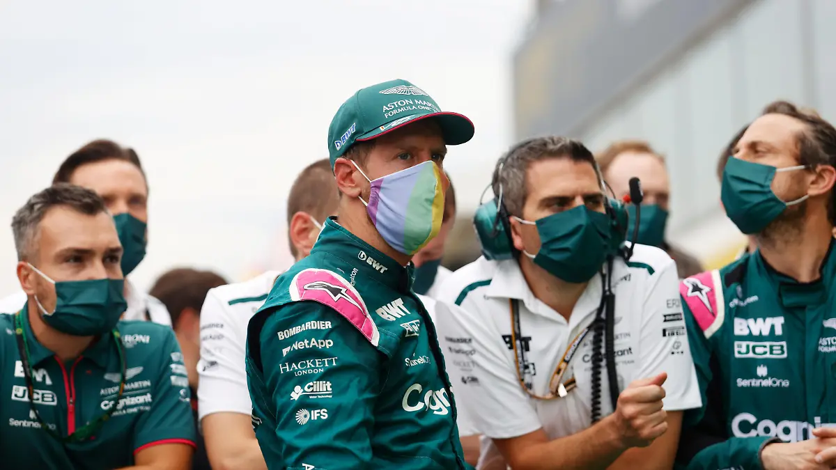BUDAPEST, HUNGARY - AUGUST 01: Second placed Sebastian Vettel of Germany and Aston Martin F1 Team looks on in parc ferme during the F1 Grand Prix of Hungary at Hungaroring on August 01, 2021 in Budapest, Hungary. (Photo by Florion Goga - Pool/Getty Images)