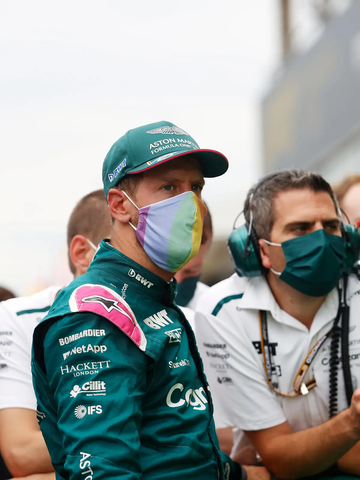 BUDAPEST, HUNGARY - AUGUST 01: Second placed Sebastian Vettel of Germany and Aston Martin F1 Team looks on in parc ferme during the F1 Grand Prix of Hungary at Hungaroring on August 01, 2021 in Budapest, Hungary. (Photo by Florion Goga - Pool/Getty Images)