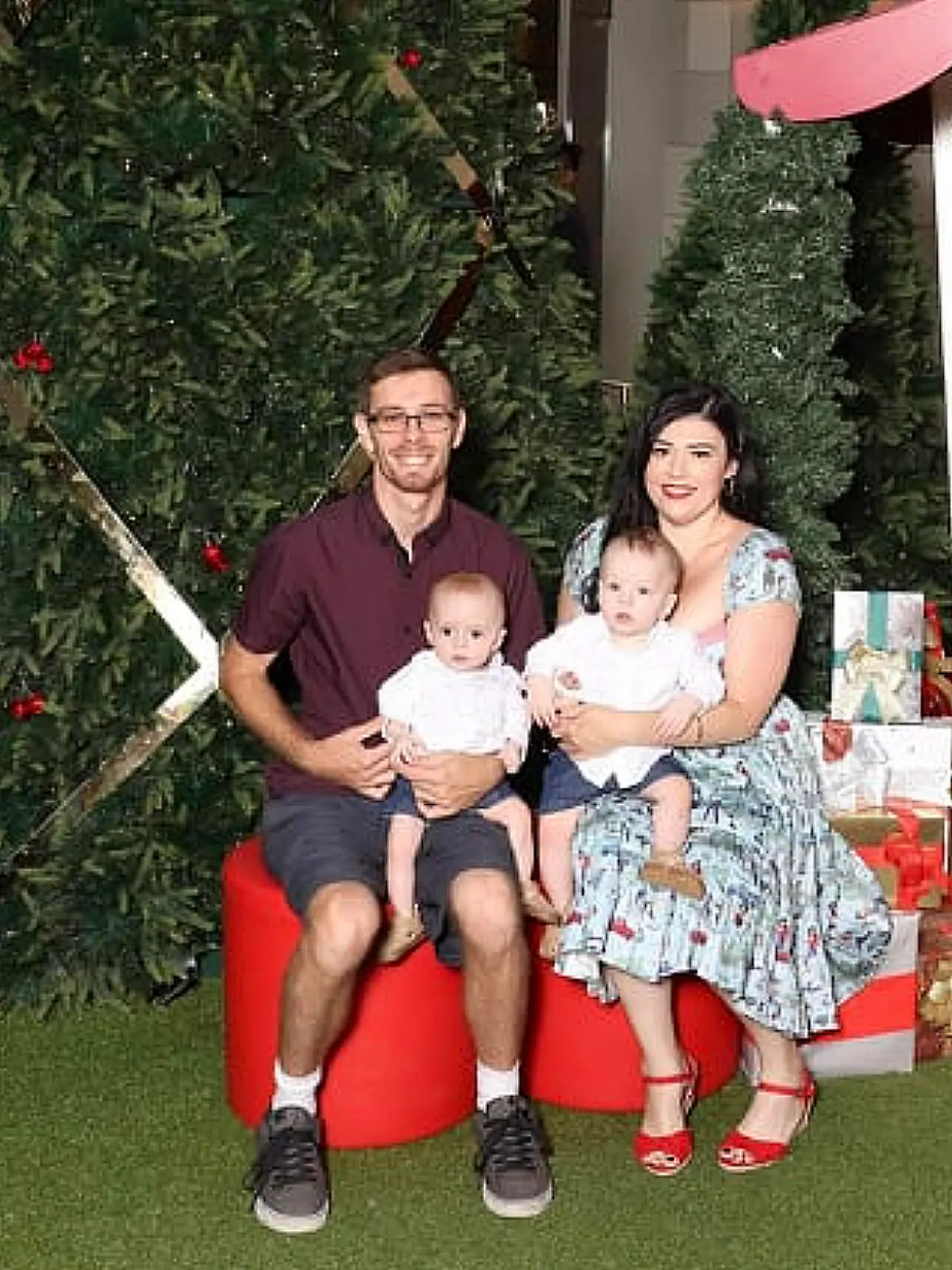 Kimberley Tripp / CATERS NEWS (PICTURED-  Family shot) A mum who thought couldn't have kids got more than she bargained for after falling pregnant TWICE in one week – with one baby being conceived through IVF and the other naturally. Ever since she was a little girl, Kimberley Tripp longed to be a mother but after being diagnosed with polycystic ovarian syndrome (PCOS) at 15, she was told she might never be able to have children. But the 34-year-old from Brisbane, Queensland, Australia, said she always held on to a smidgen of hope that her dream of having a family might one day be possible – but after years of trying to conceive naturally, she knew it was time to consider her options. After getting into shape and preparing herself mentally, Kimberley and her husband Adrian spent thousands undergoing four rounds of IVF – and in July 2019, she was overjoyed to discover she was pregnant after having one of her embryos transferred. But little did the office manager know her excitement was about to be doubled, after a doctor's appointment confirmed she was expecting twins – with one being conceived through IVF, and the other naturally, approximately one week apart.  -SEE CATERS COPY